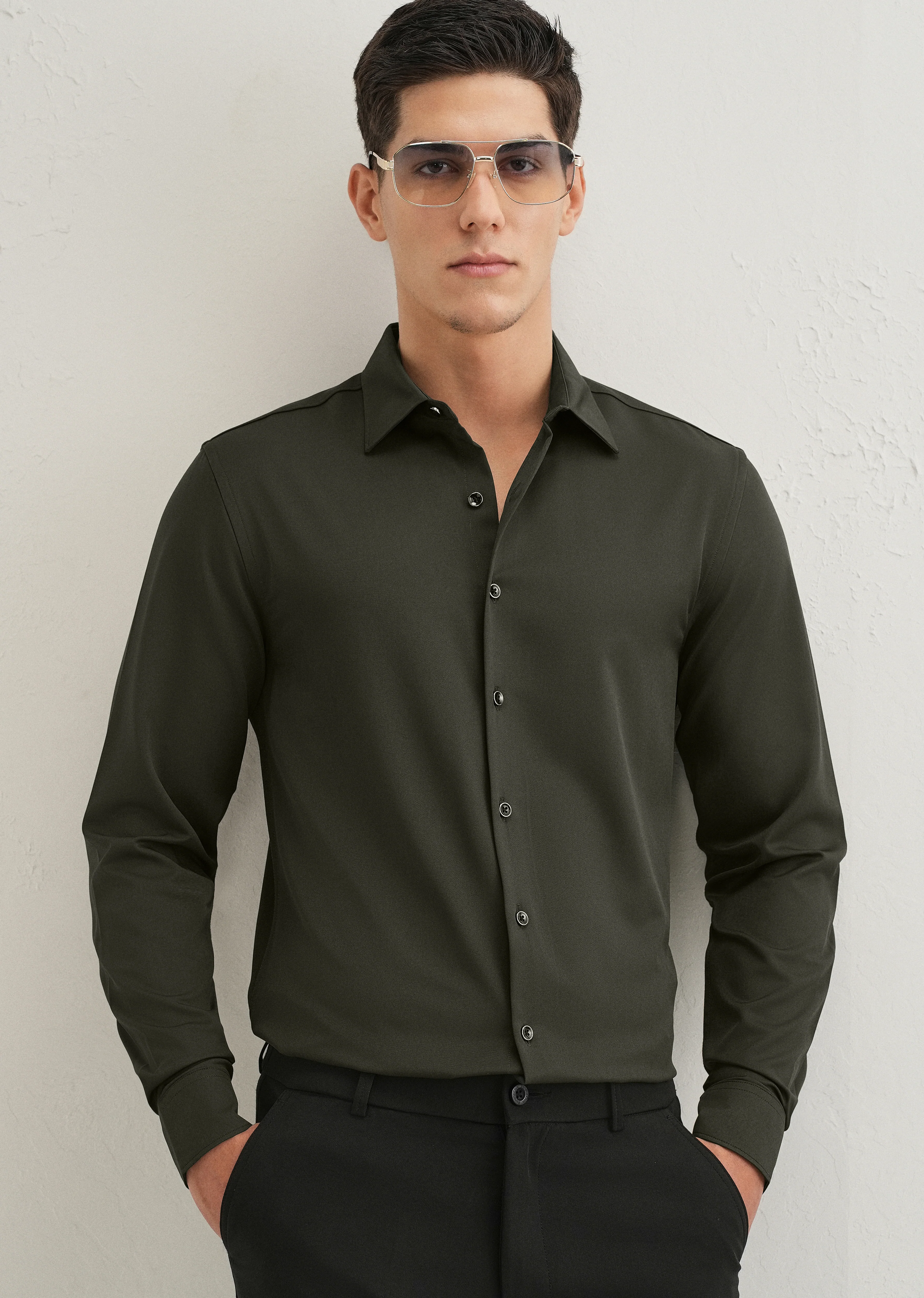 Olive Green Wrinkle Free Plain Shirt - Image 7