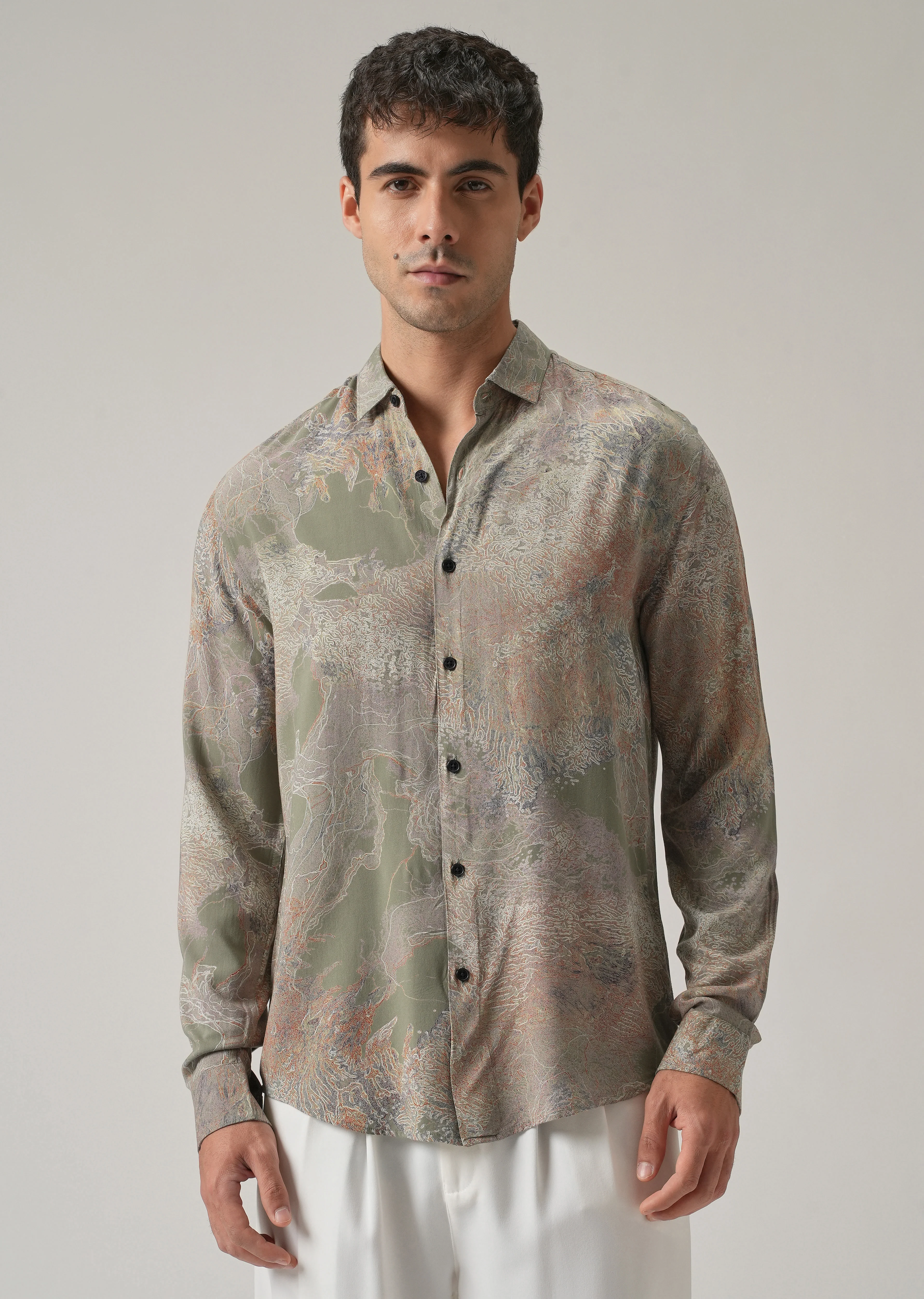 Olive Intricate Print Feather Shirt - Image 3