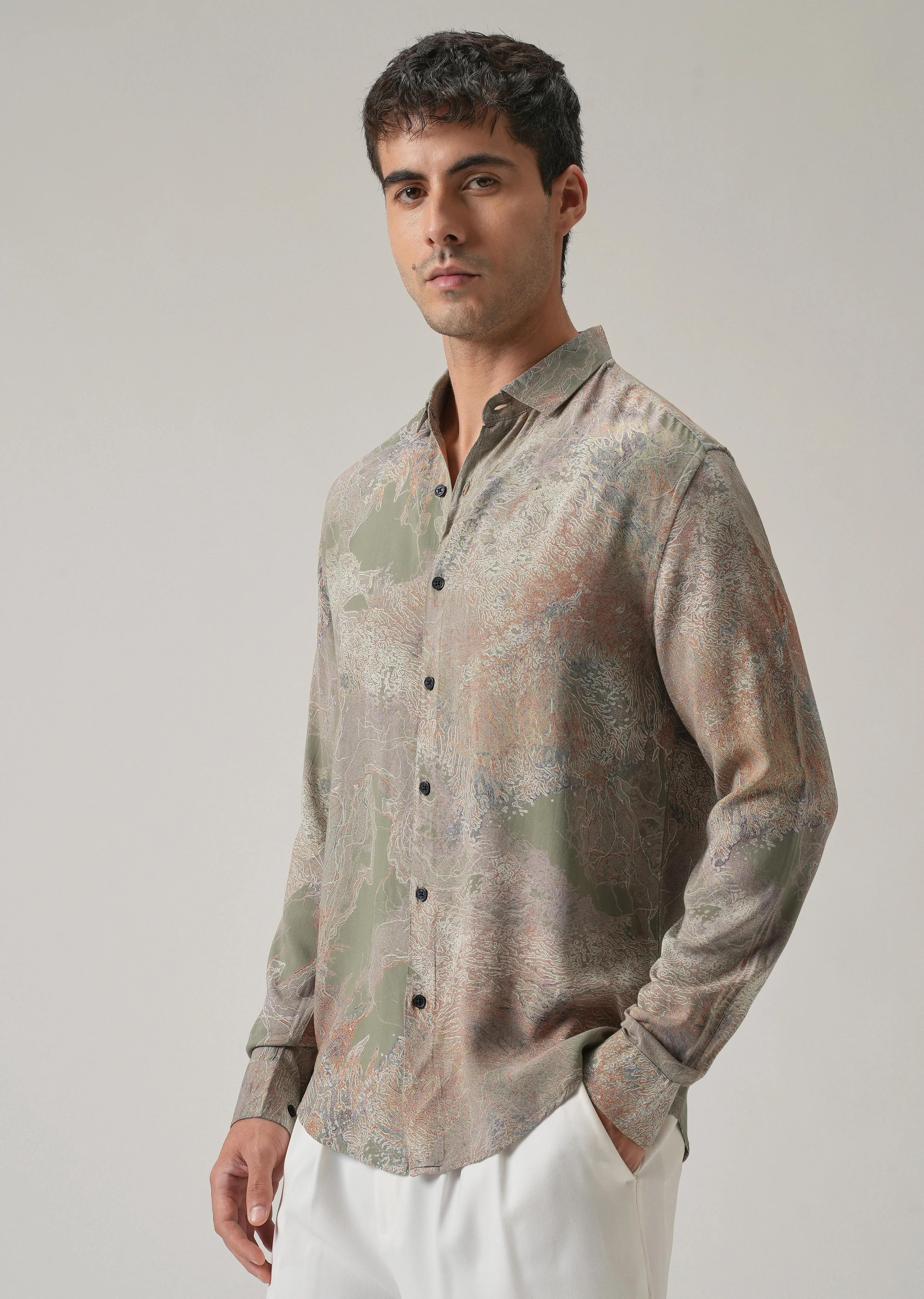 Olive Intricate Print Feather Shirt - Image 4