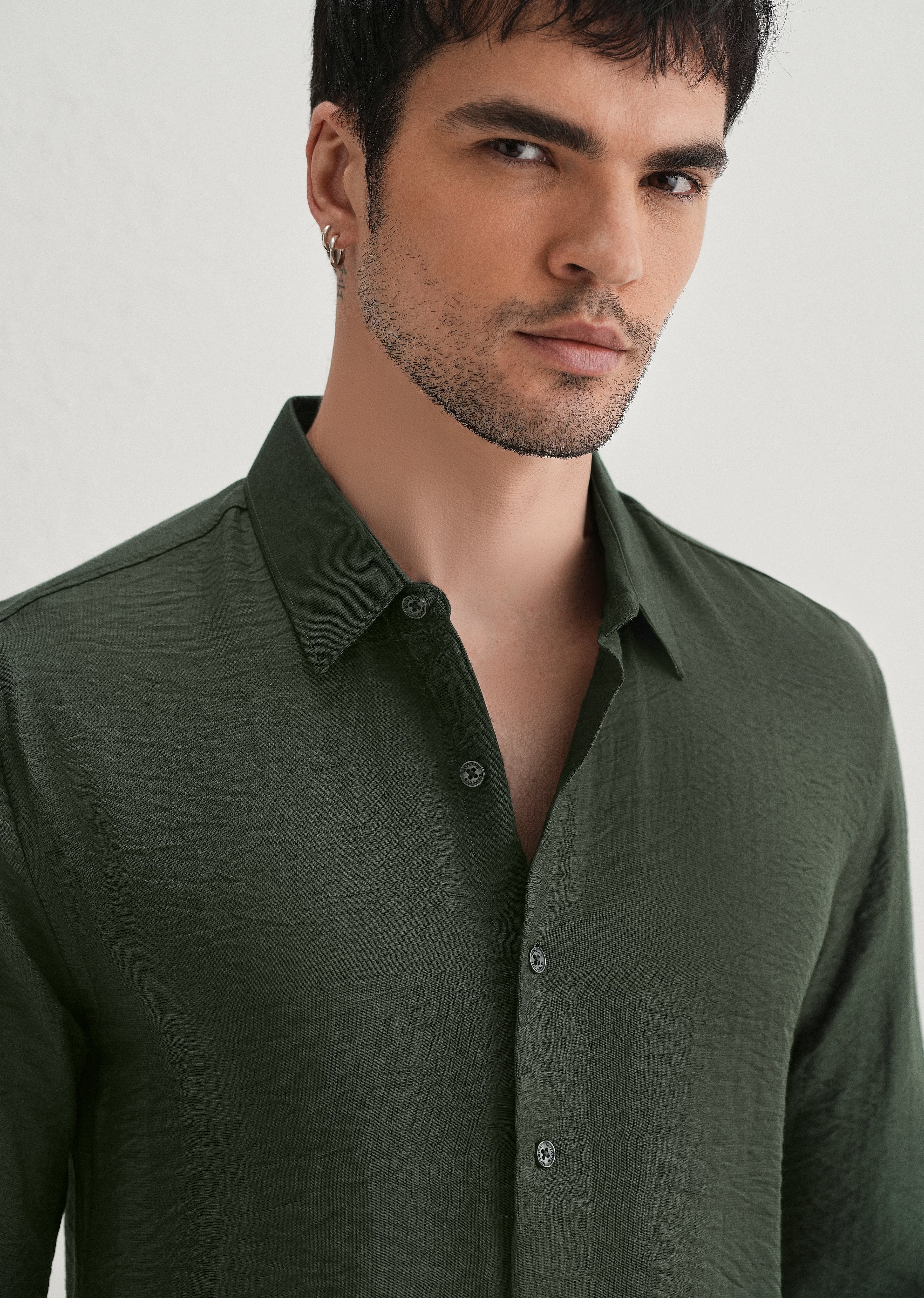 Olive Plain Crushed Satin Shirt - Image 2