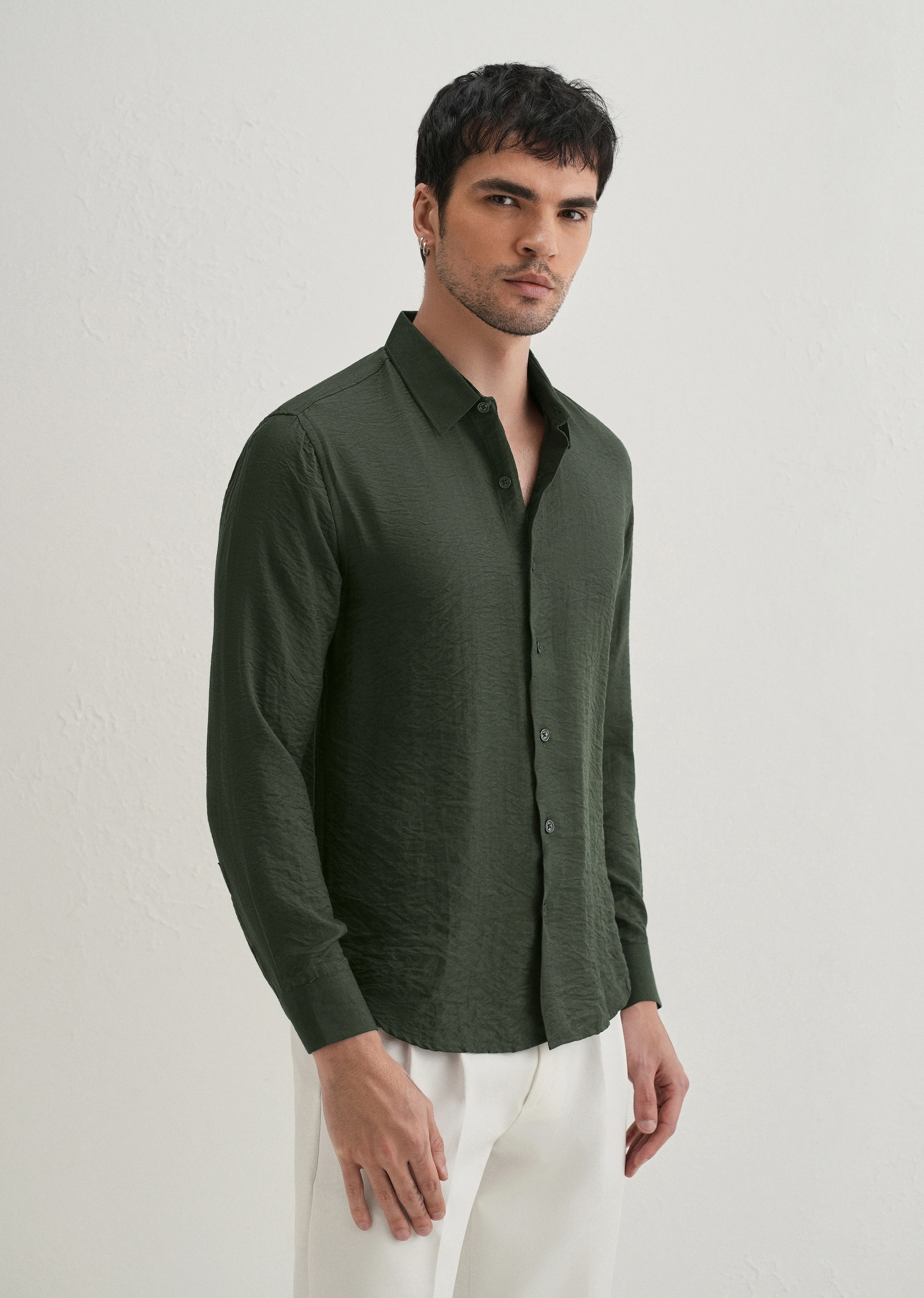 Olive Plain Crushed Satin Shirt - Image 5
