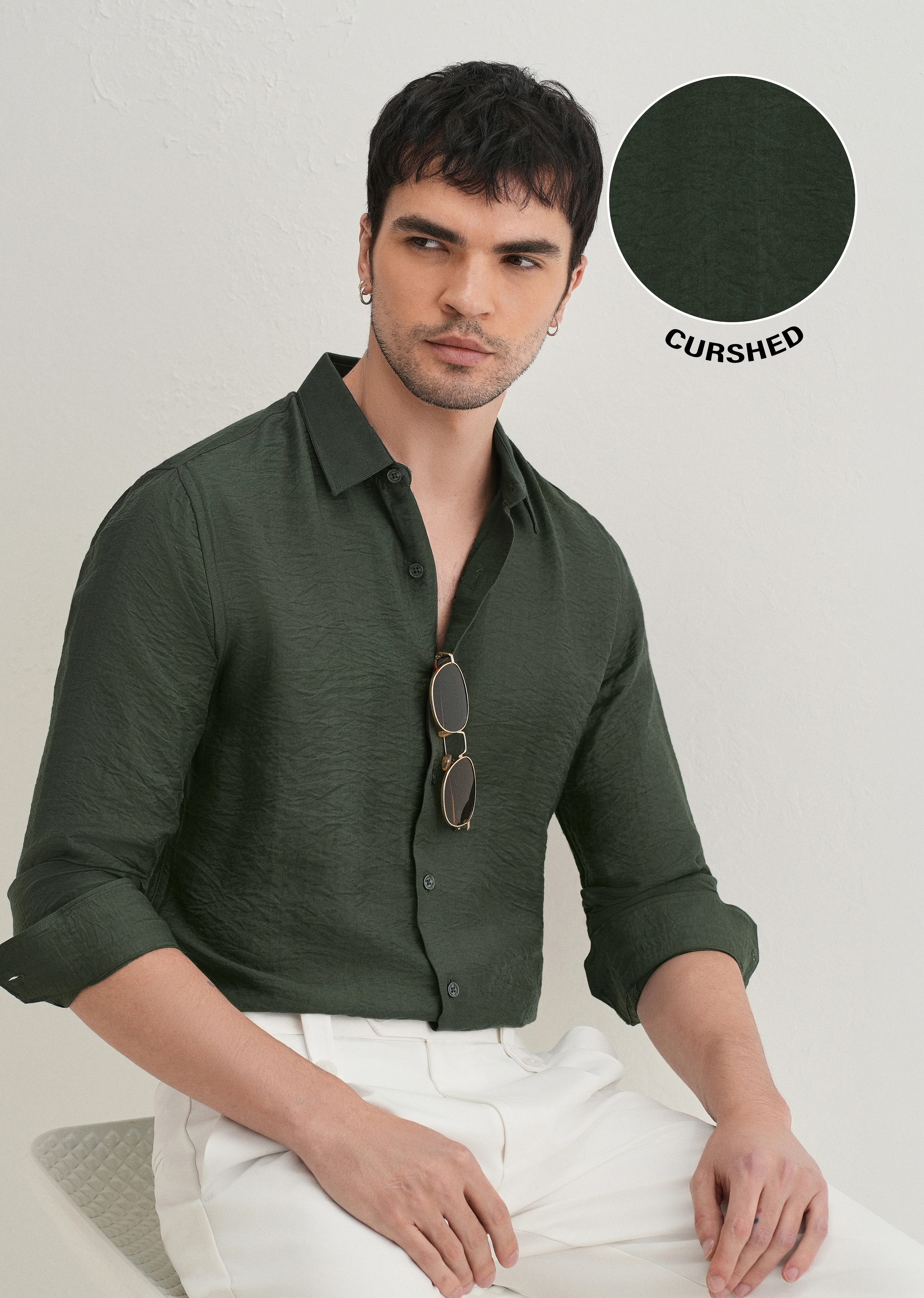 Olive Plain Crushed Satin Shirt - Image 7