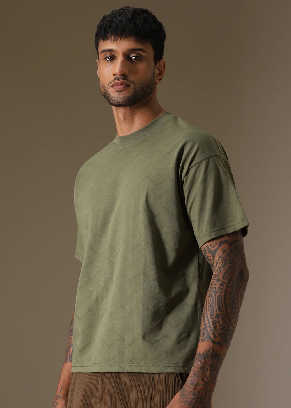 Olive Plain Drop Shoulder Oversized T-shirt - Image 5