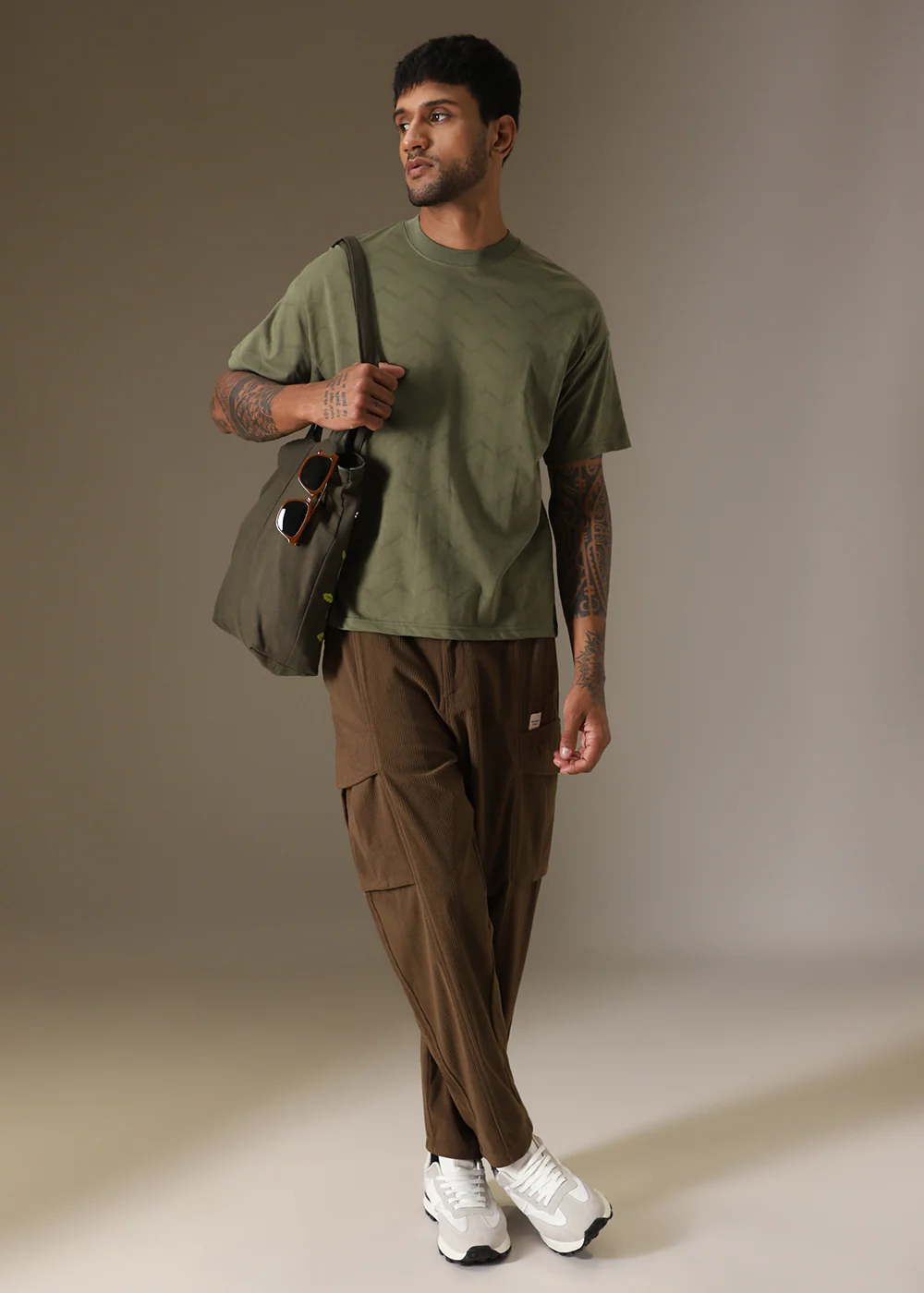 Olive Plain Drop Shoulder Oversized T-shirt - Image 7