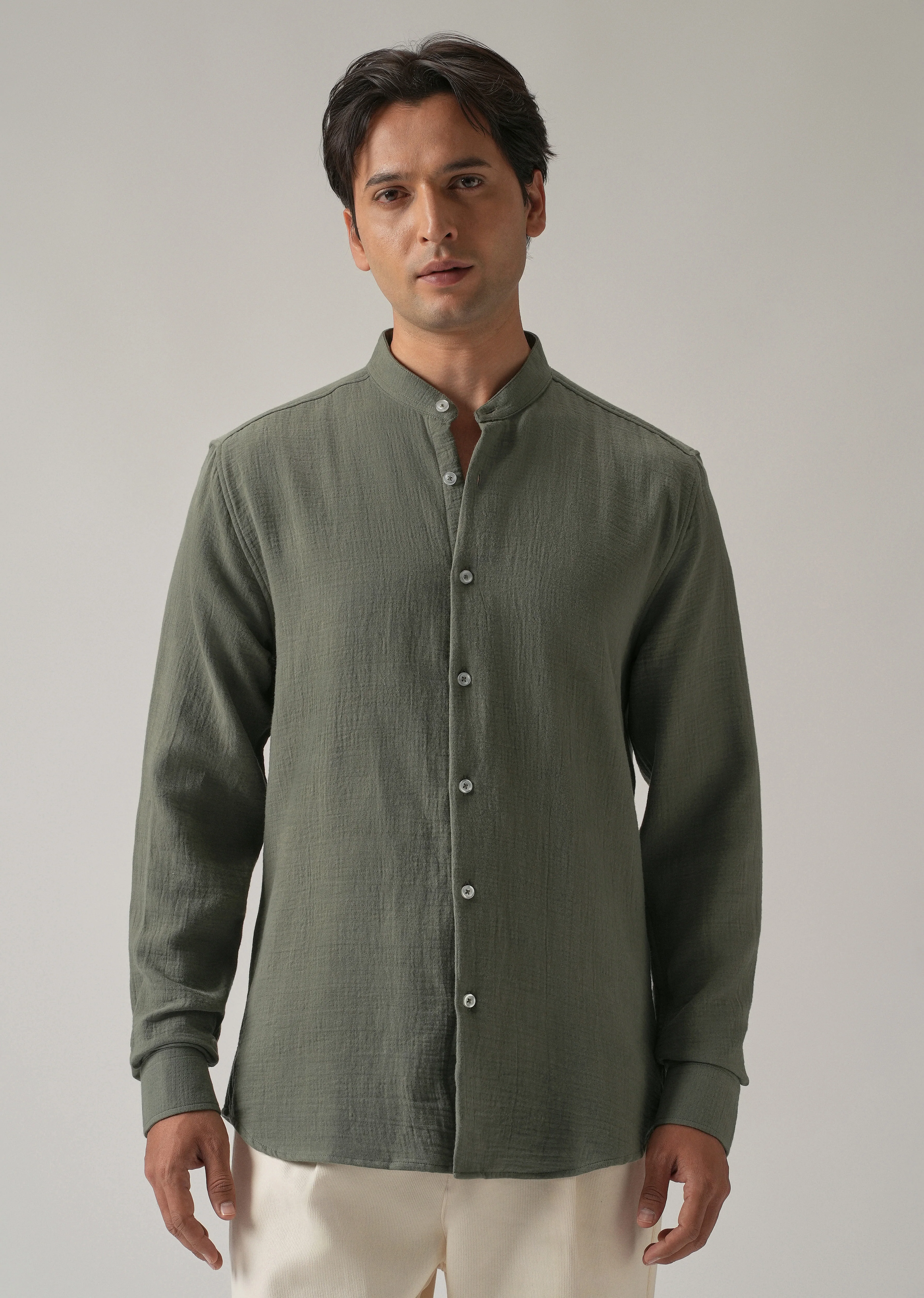 Olive Plain Mandarin Collar Cotton Shirt - Image 3