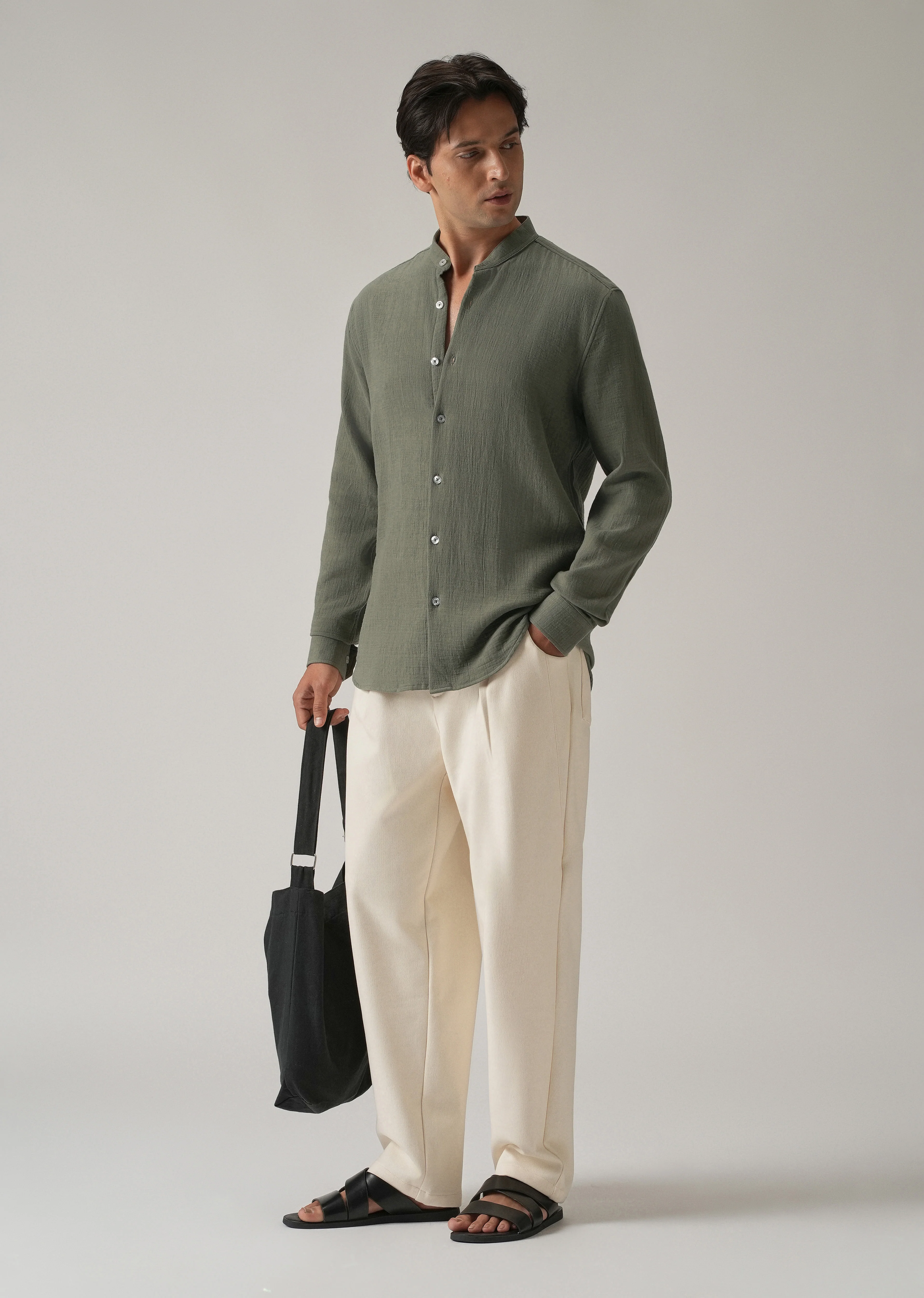 Olive Plain Mandarin Collar Cotton Shirt - Image 6
