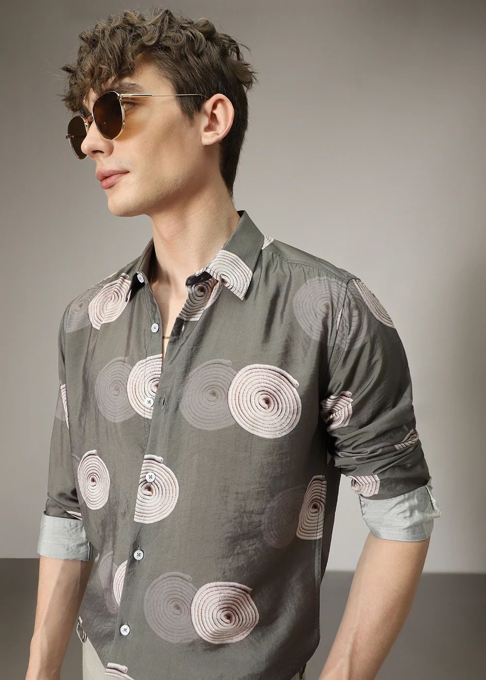 Olive Spiral Print Shirt - Image 7
