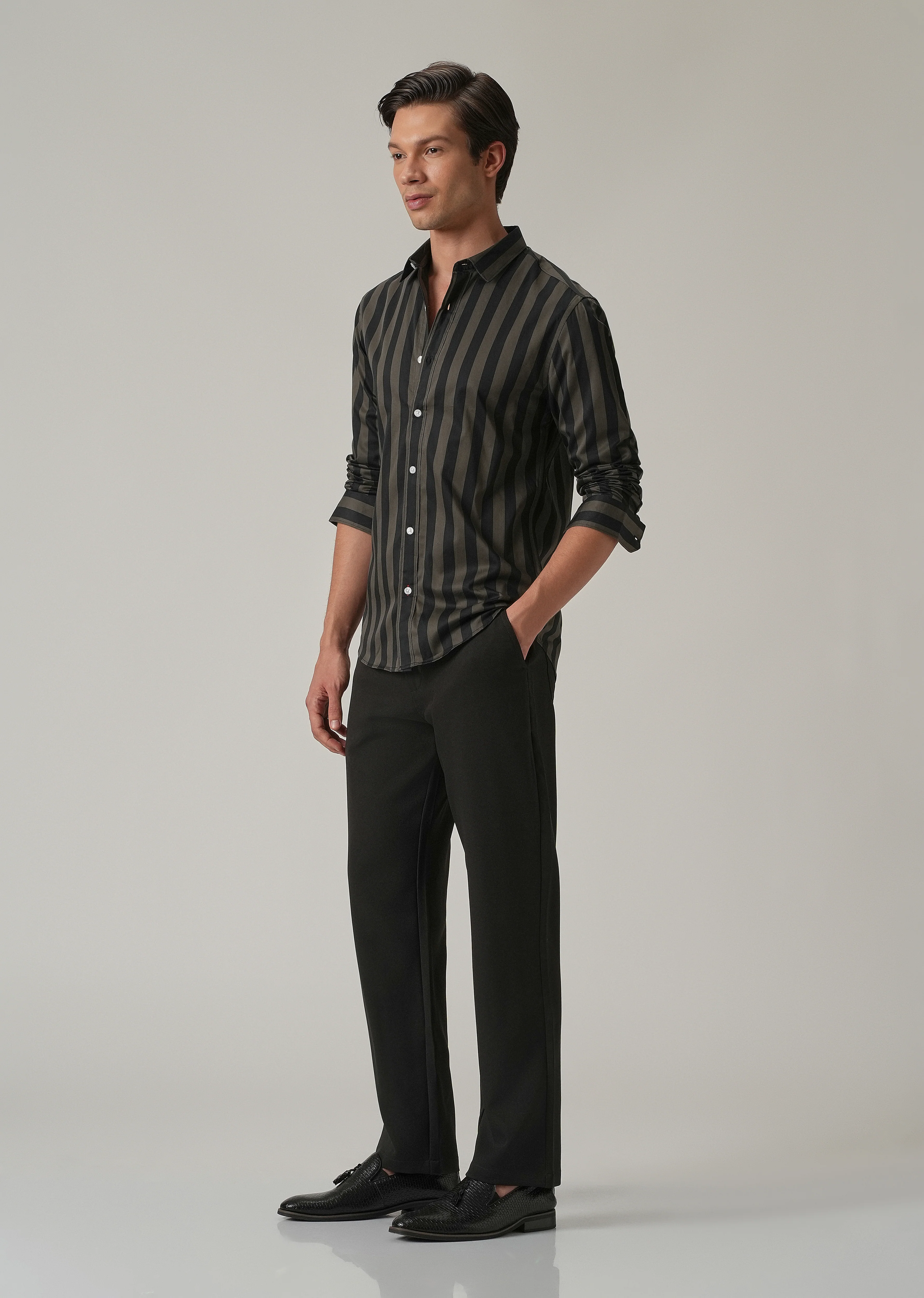 Olive Satin Striped Shirt - Image 6