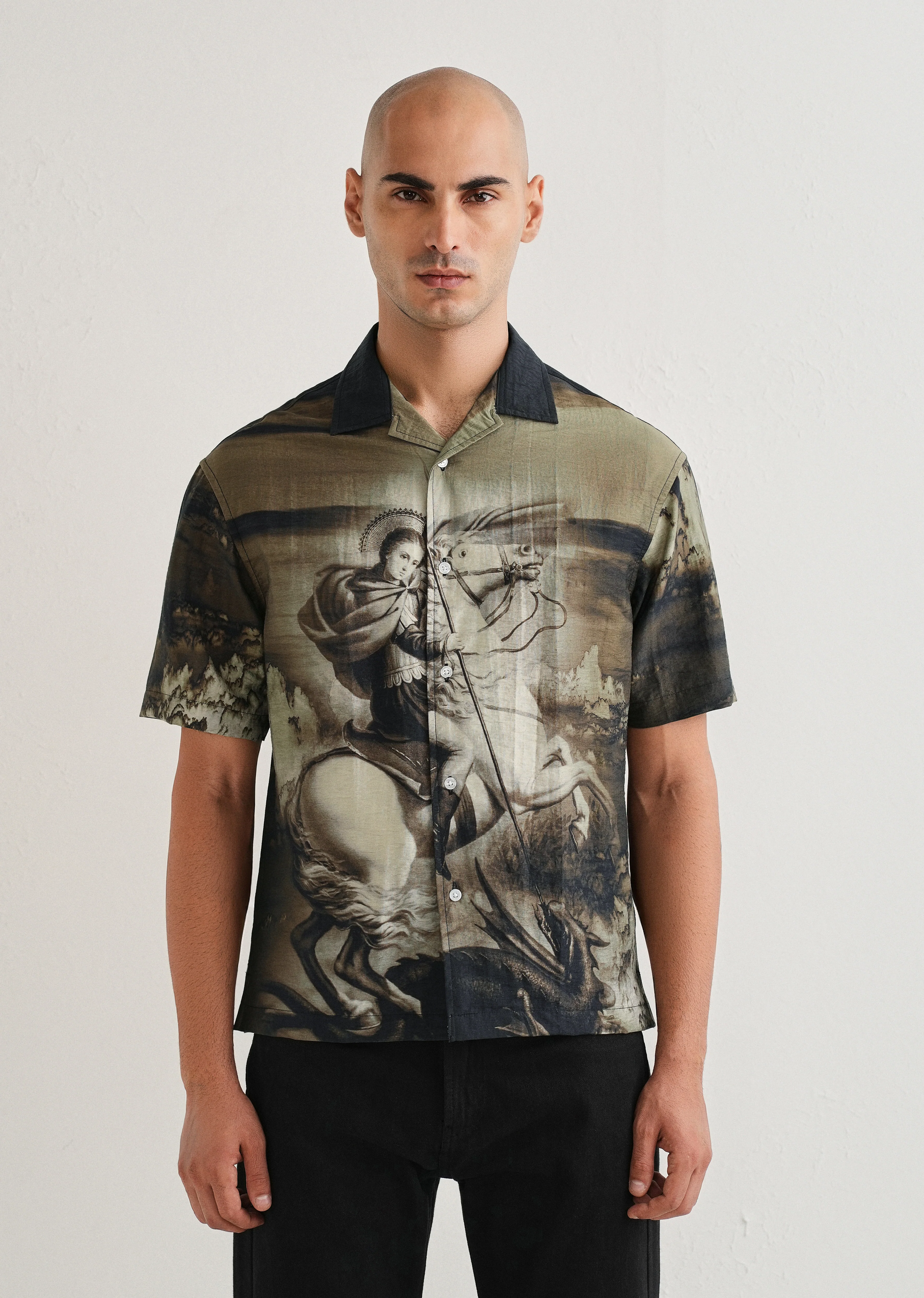 Olive Vintage Placement Print Shirt - Image 3