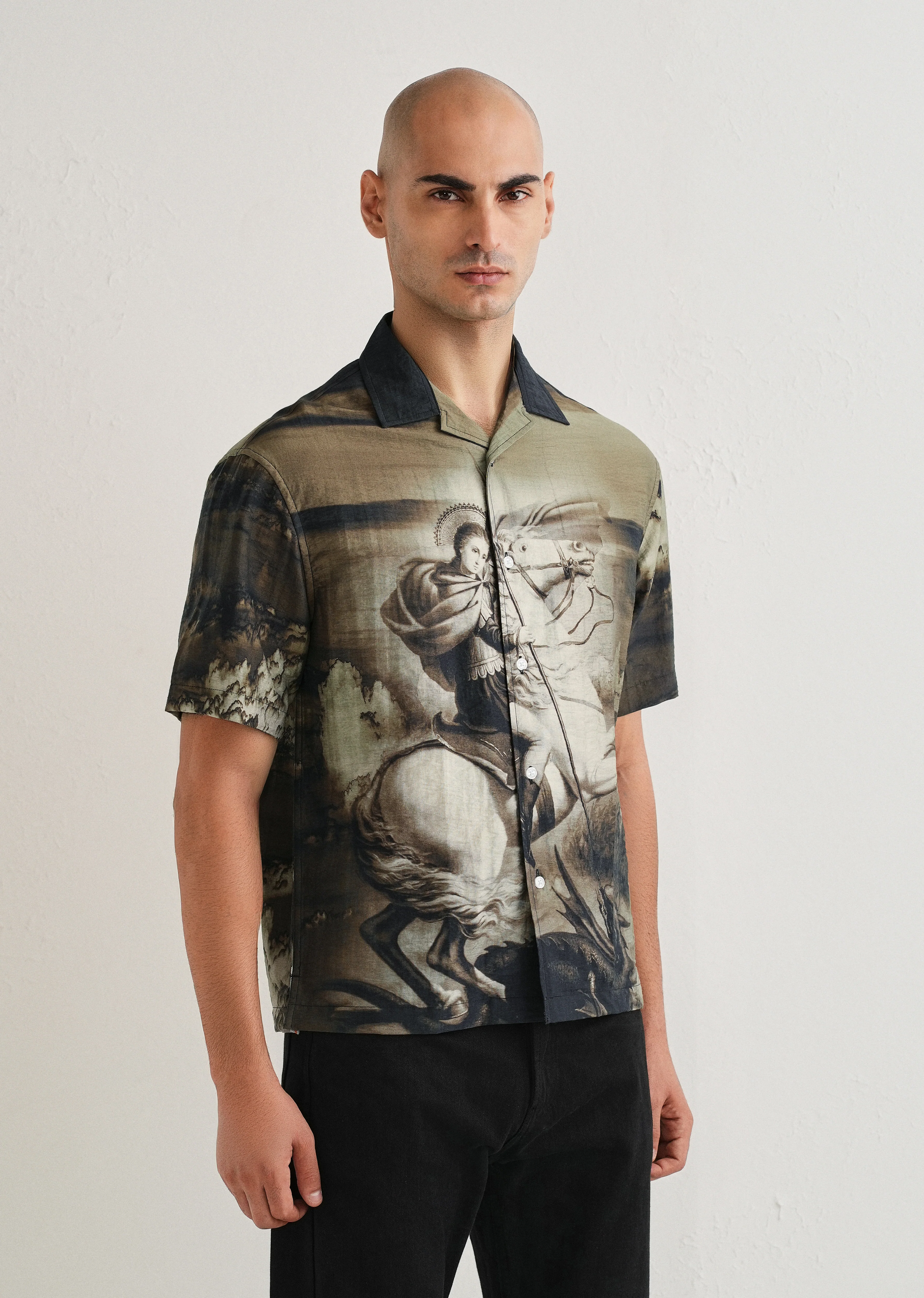 Olive Vintage Placement Print Shirt - Image 4
