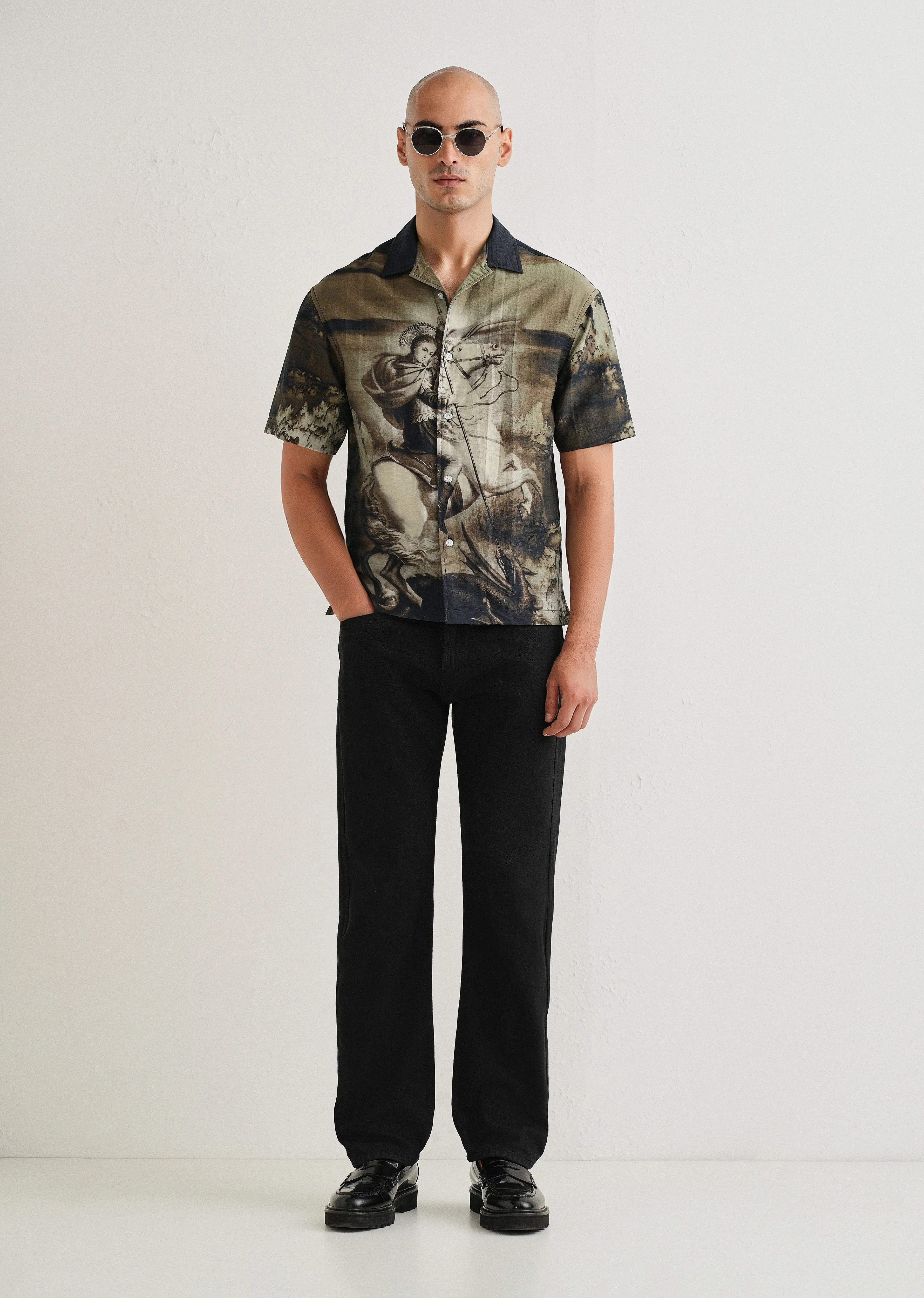 Olive Vintage Placement Print Shirt - Image 6