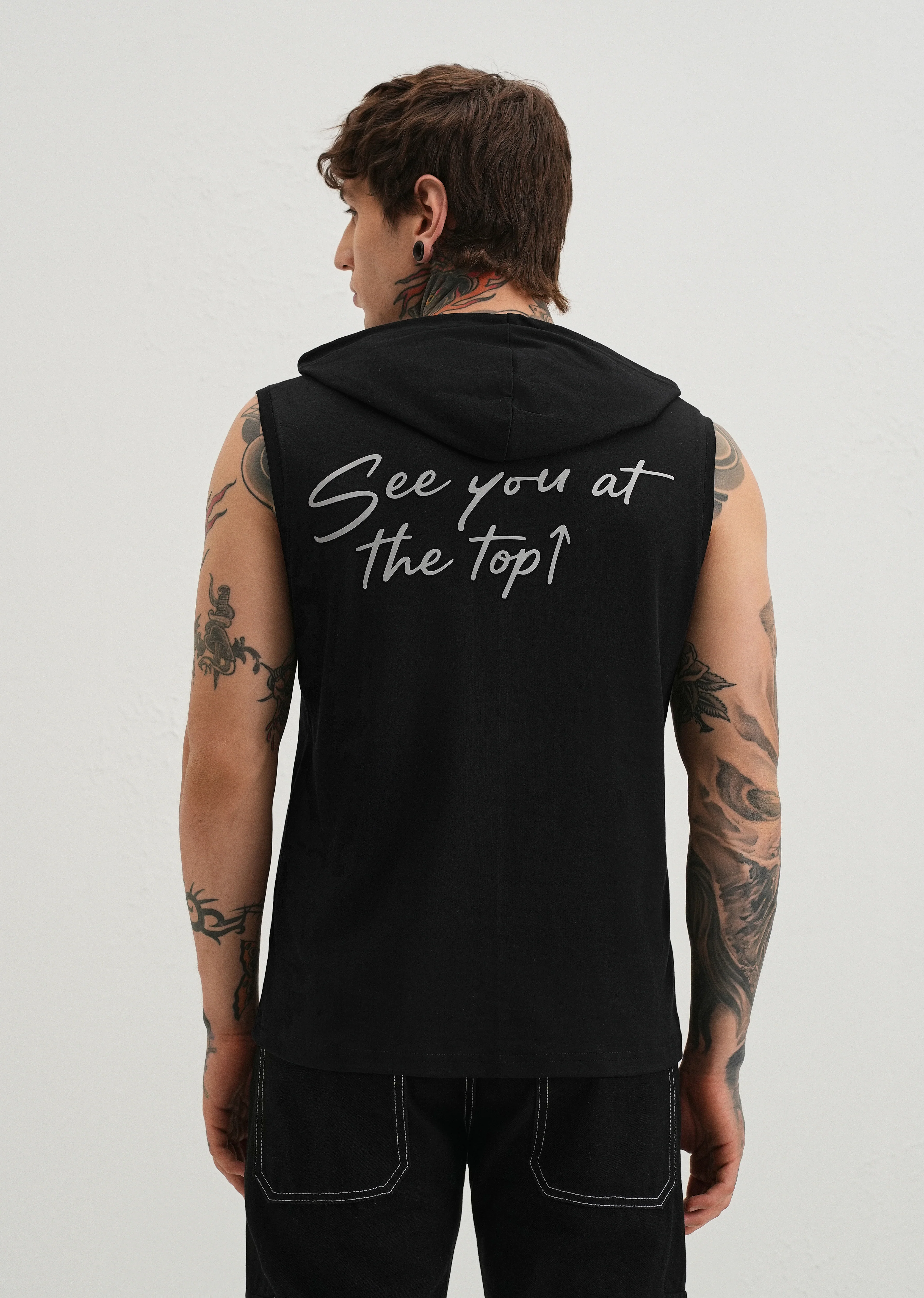 Onyx Black Typography Printed Hoodie Tank - Image 2