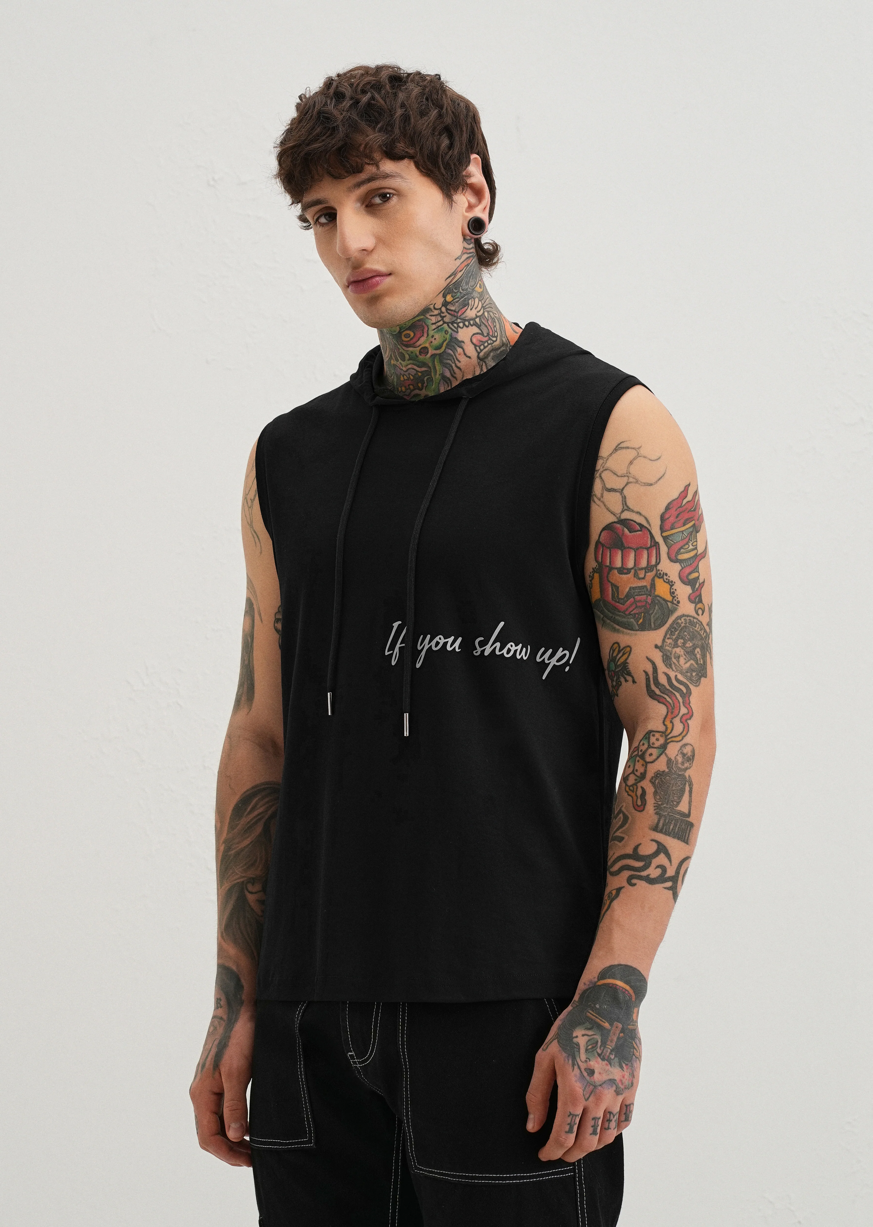 Onyx Black Typography Printed Hoodie Tank - Image 4