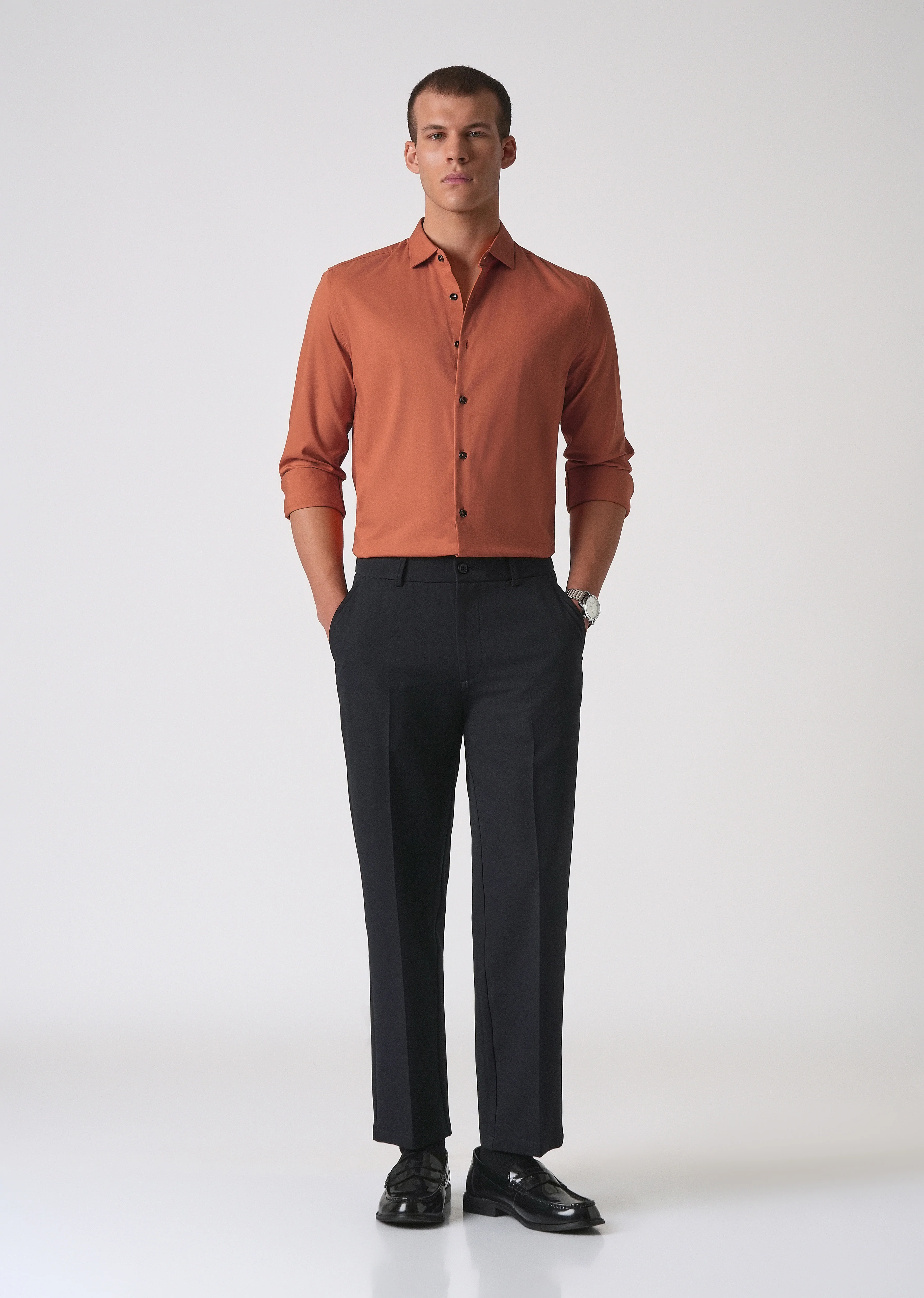 Orange Cotton Stretch Plain Shirt - Image 6