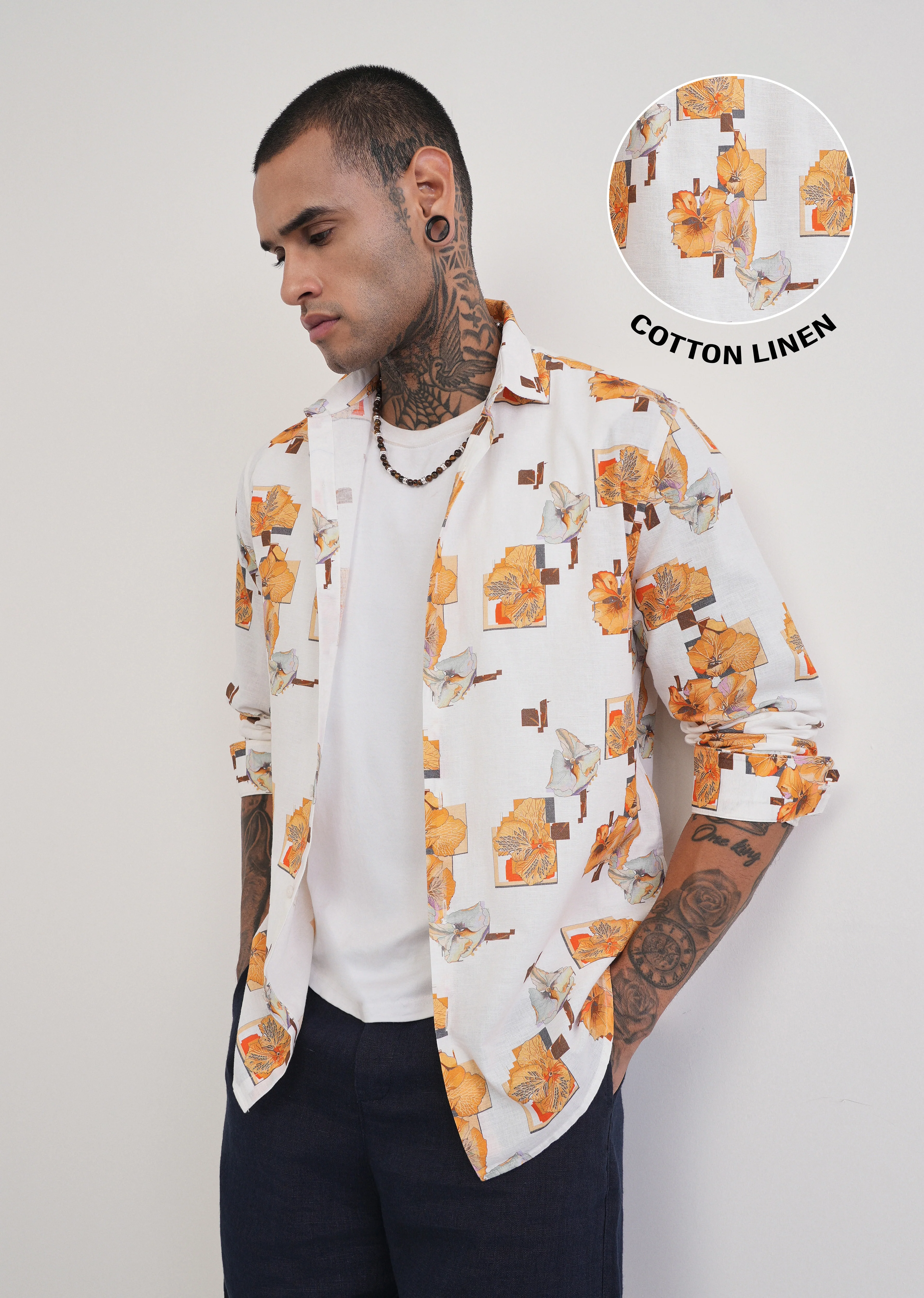 Orange Floral Print Cotton Linen Shirt - Image 2
