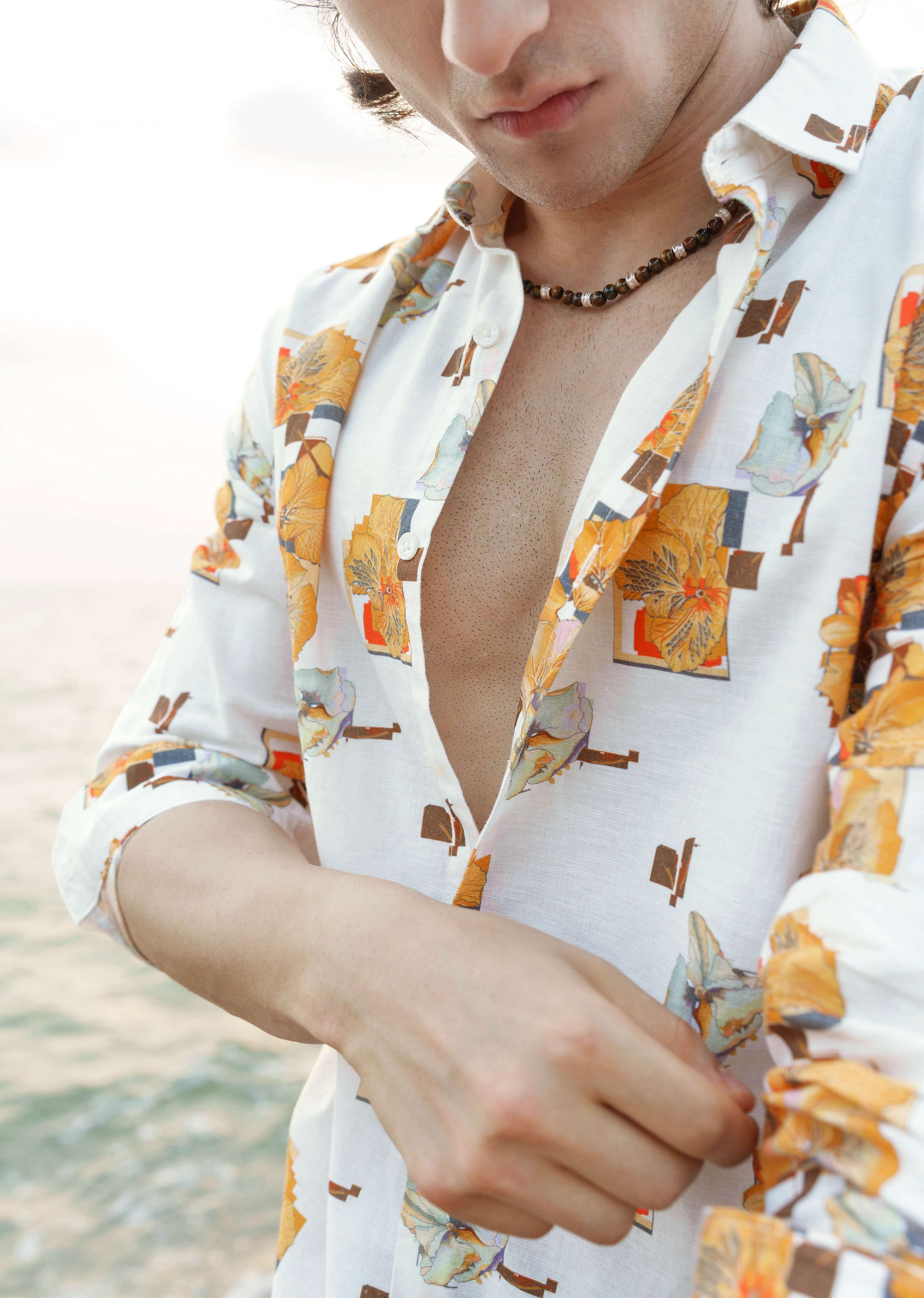 Orange Floral Print Cotton Linen Shirt - Image 4