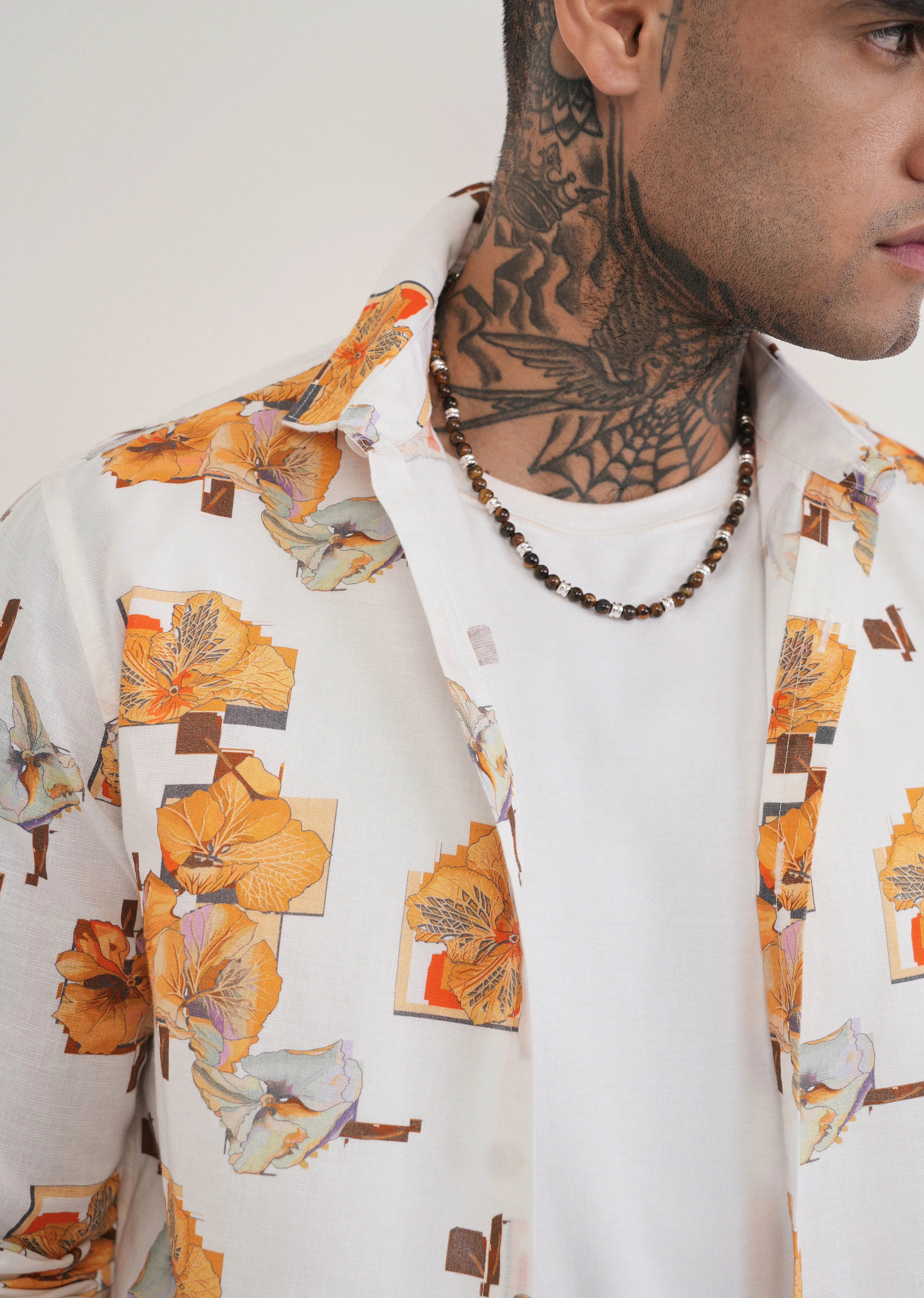 Orange Floral Print Cotton Linen Shirt - Image 7
