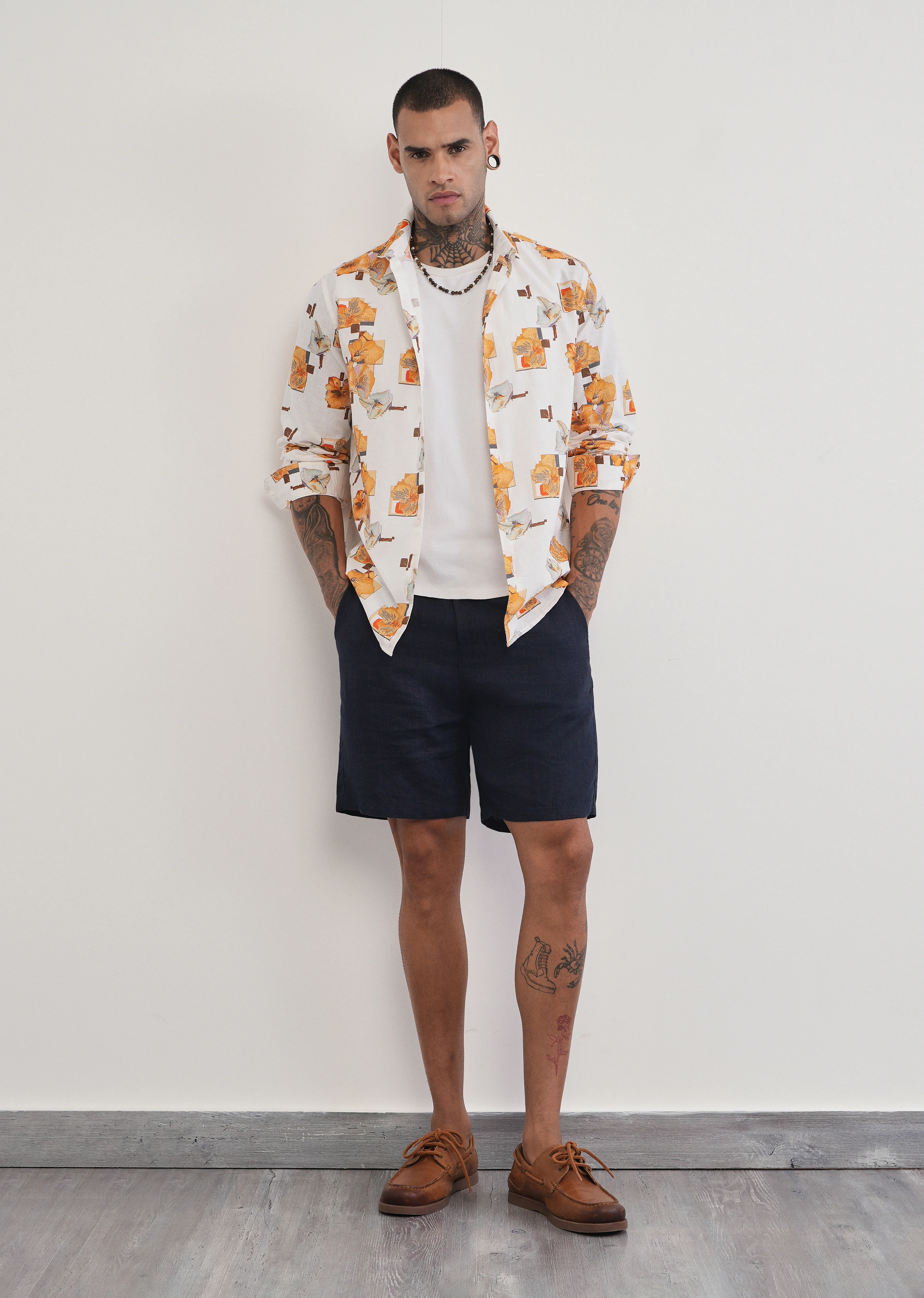 Orange Floral Print Cotton Linen Shirt - Image 8