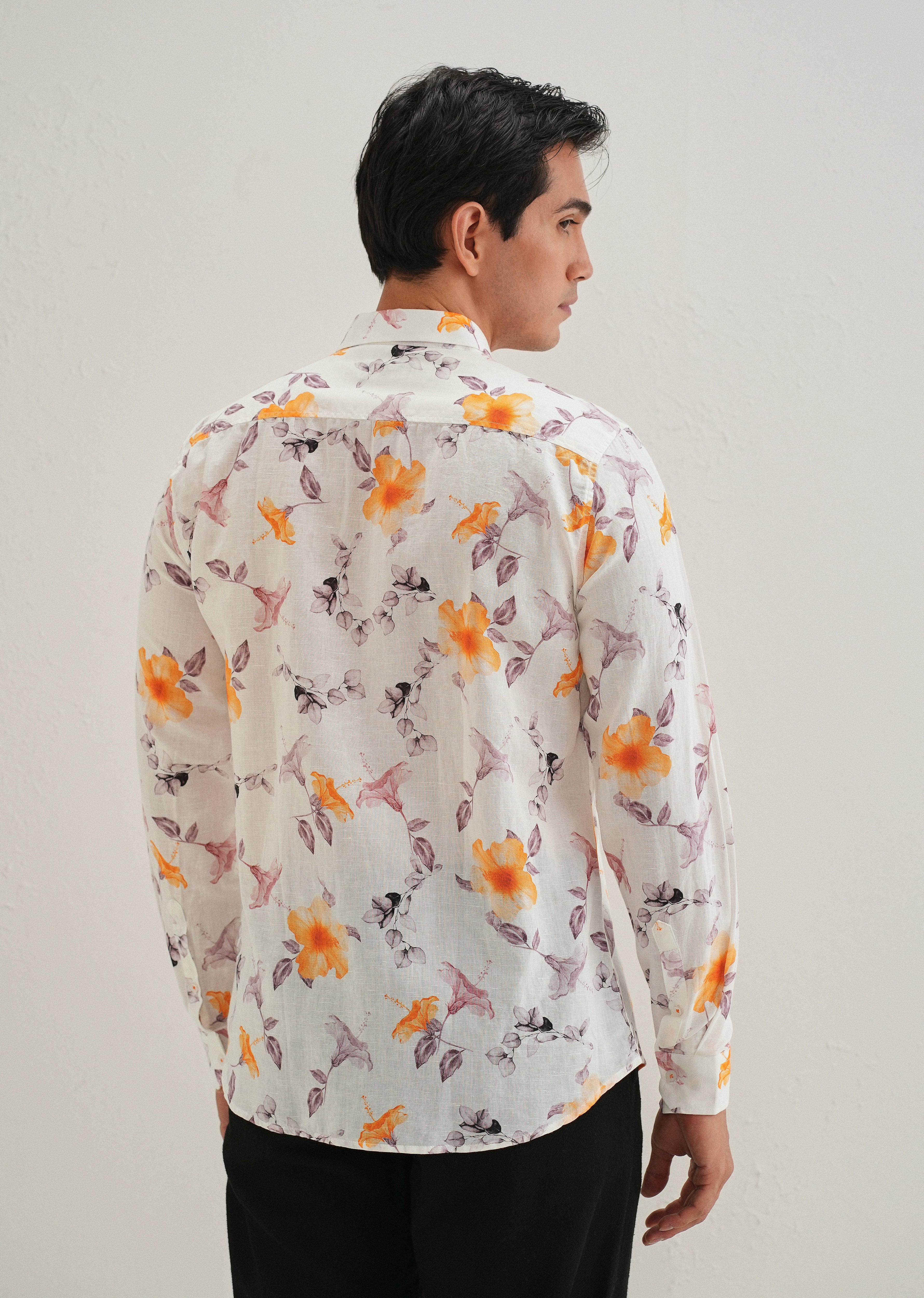 Orange Hibiscus Printed Cotton Linen Shirt - Image 4
