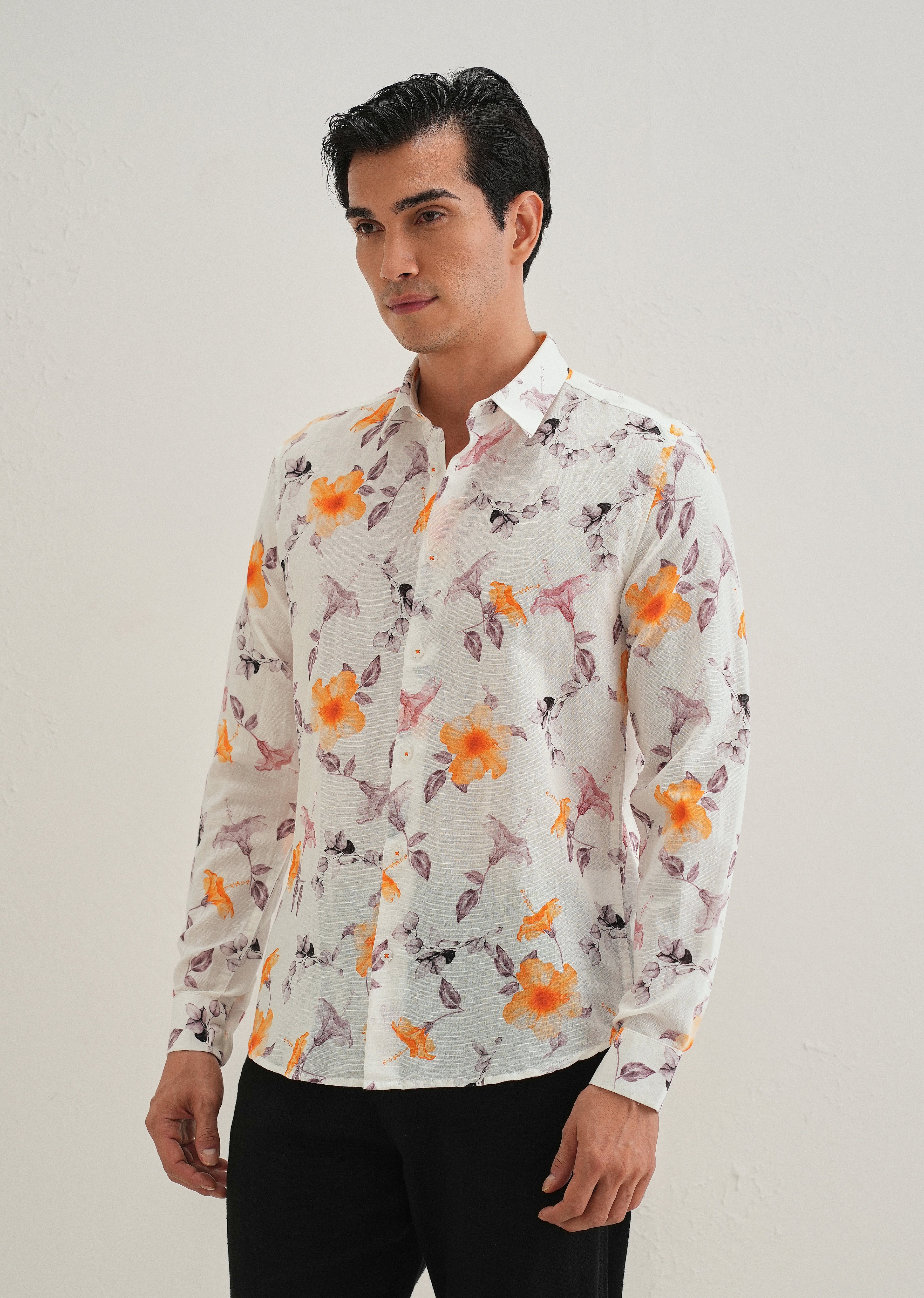 Orange Hibiscus Printed Cotton Linen Shirt - Image 5