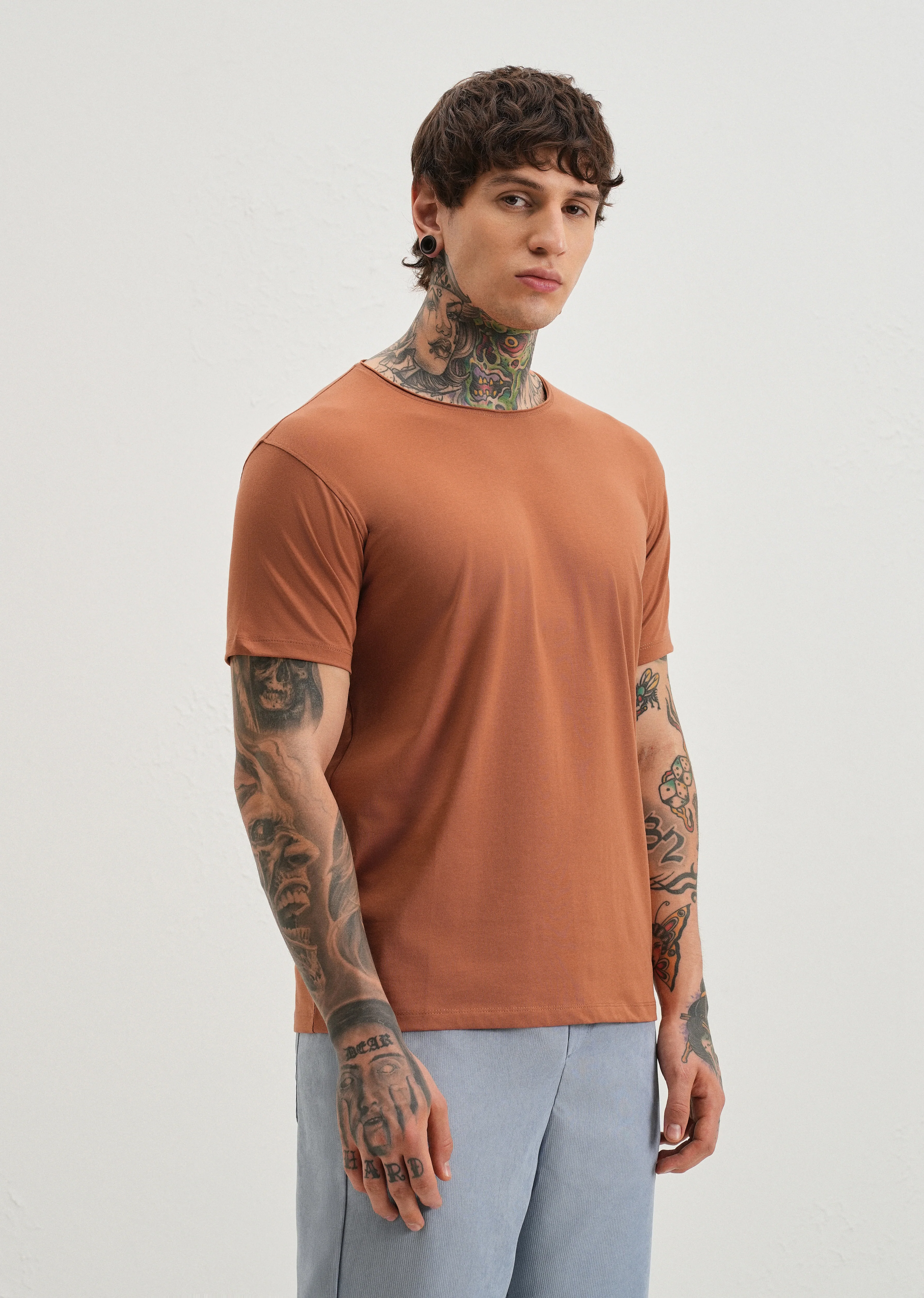 Orange Plain Round Neck T-shirt - Image 4