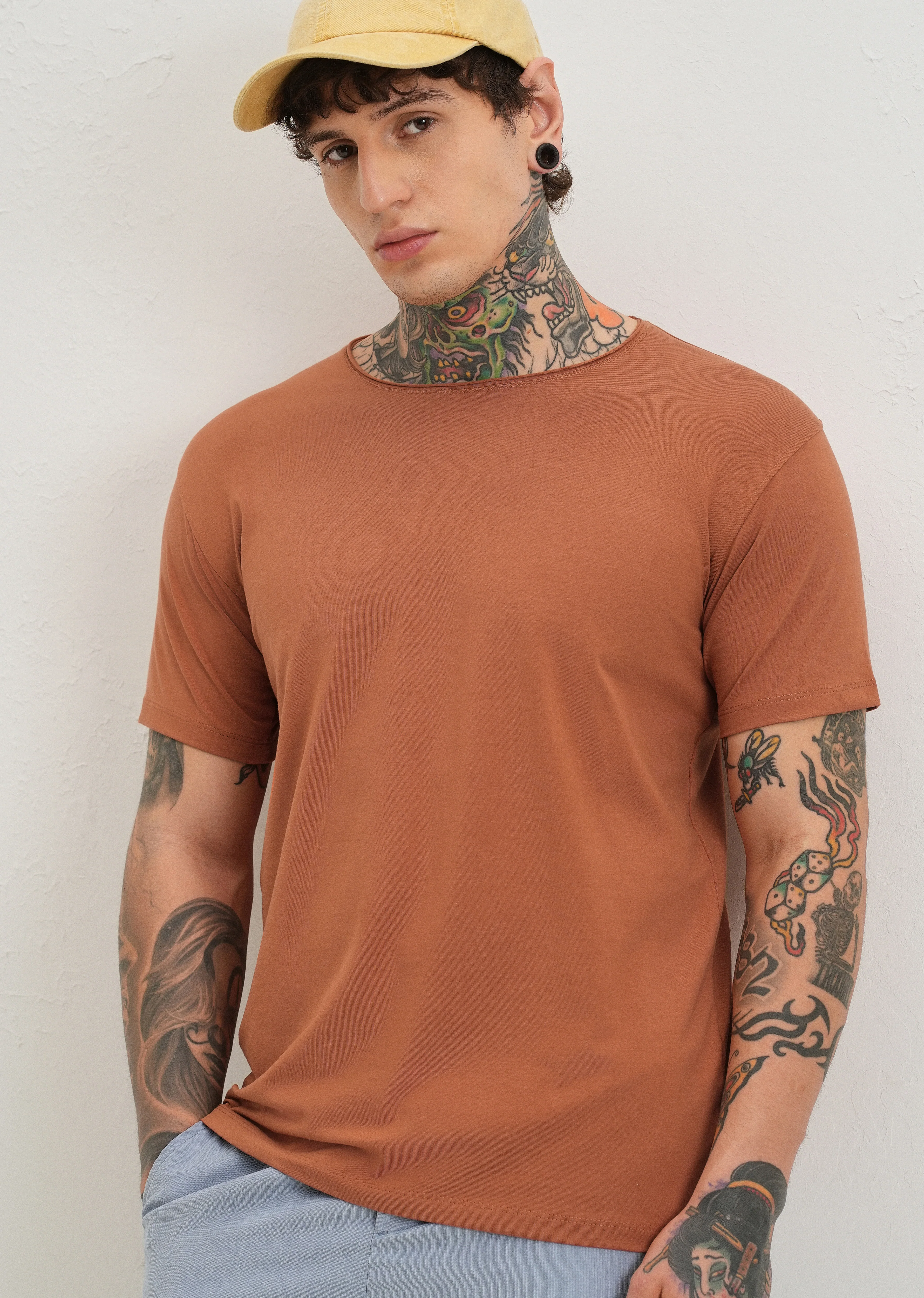 Orange Plain Round Neck T-shirt - Image 7