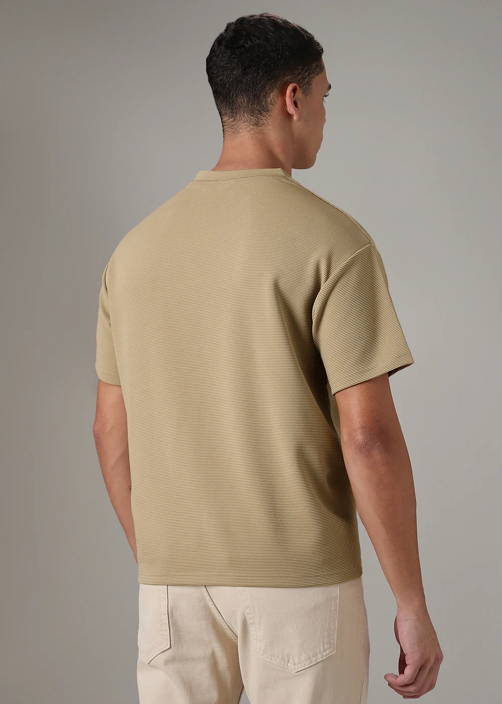 Oversized Beige Plain Textured T-shirt - Image 4