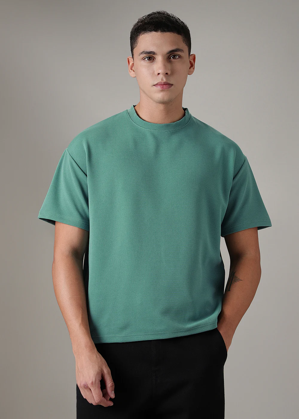 Oversized Bottle Green Plain Textured T-shirt - Image 3