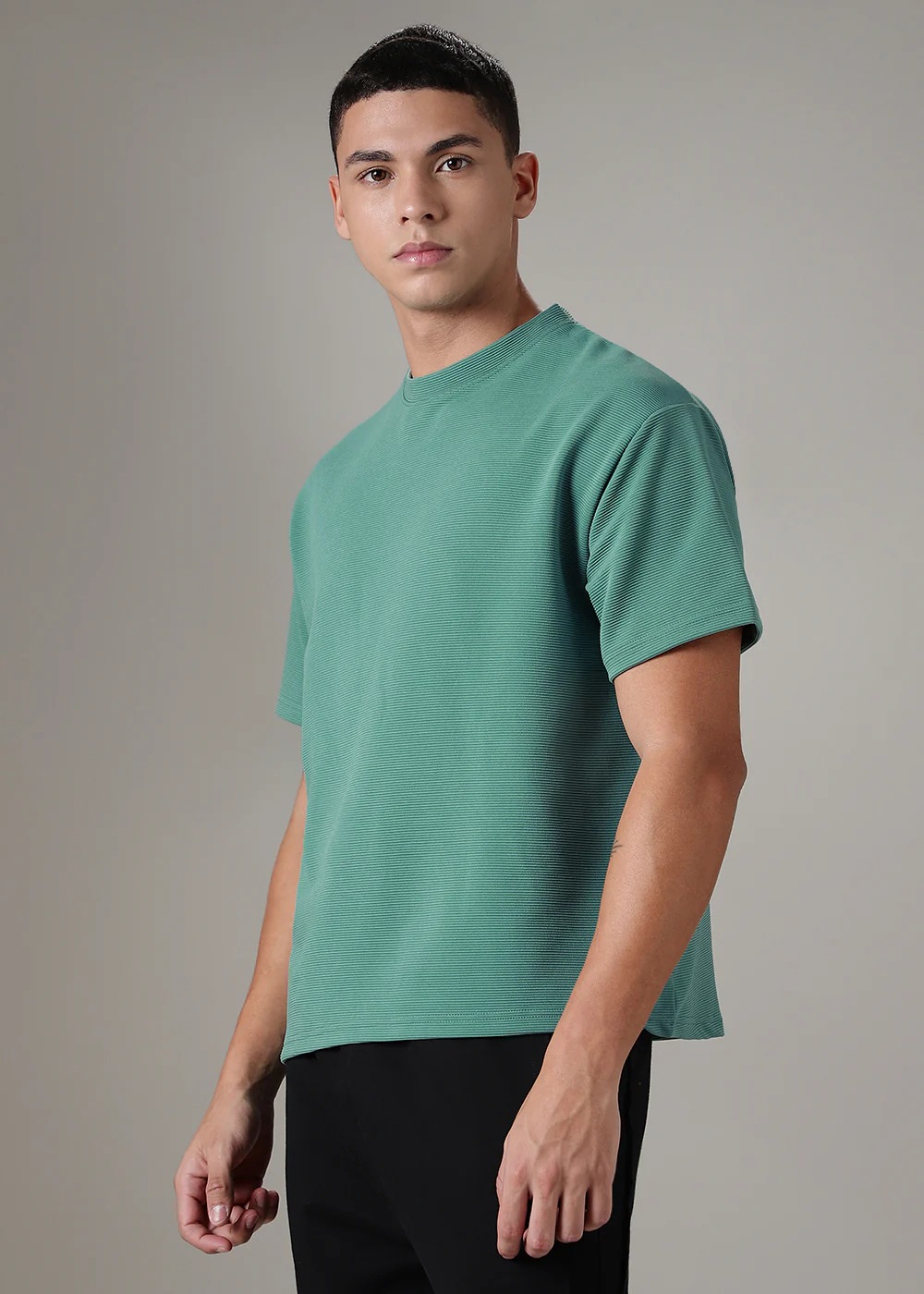 Oversized Bottle Green Plain Textured T-shirt - Image 5