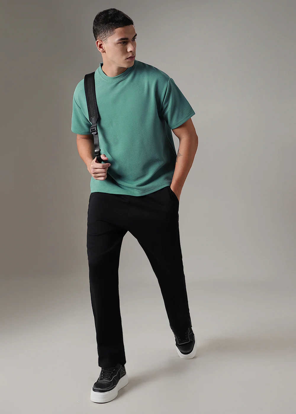 Oversized Bottle Green Plain Textured T-shirt - Image 6