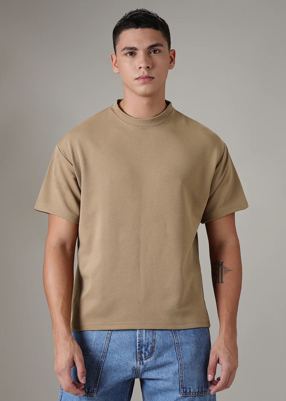 Oversized Coffee Plain Textured T-shirt - Image 3