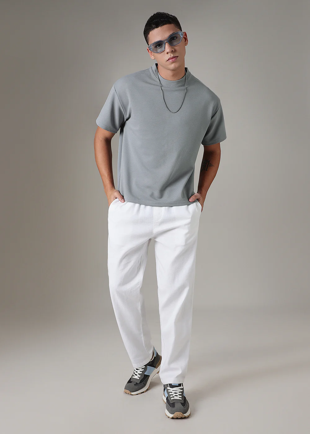 Oversized Light Grey Plain Textured T-shirt - Image 5