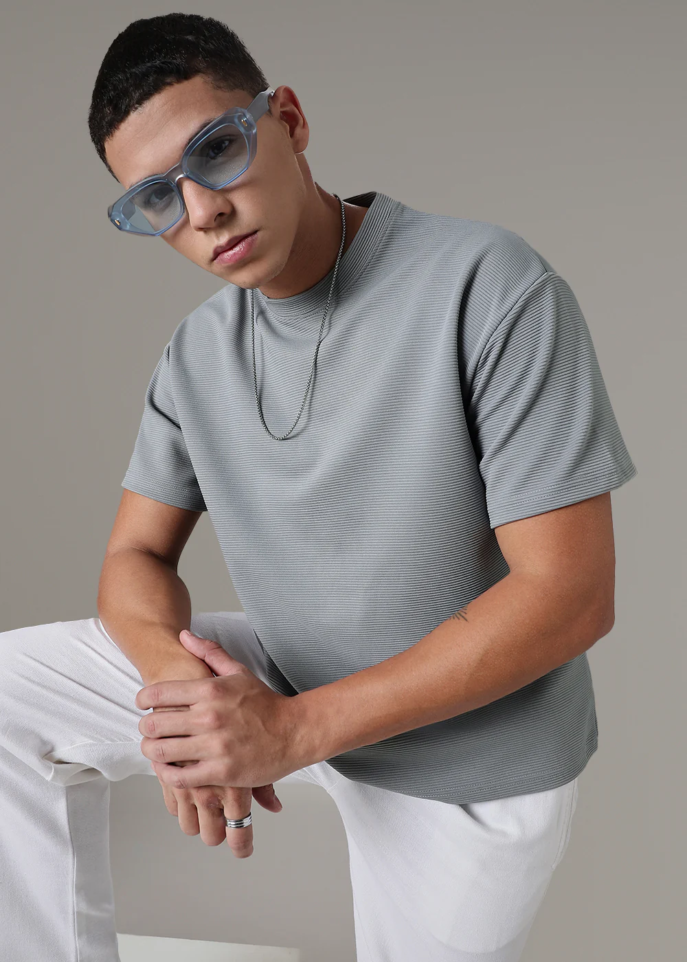 Oversized Light Grey Plain Textured T-shirt - Image 6