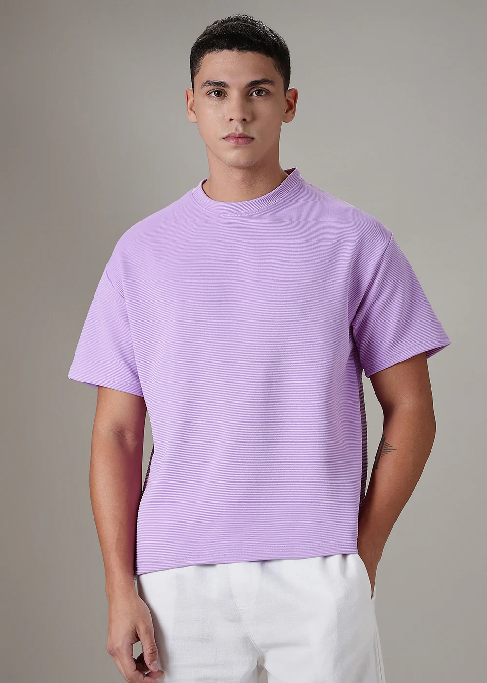 Oversized Lilac Plain Textured T-shirt - Image 3