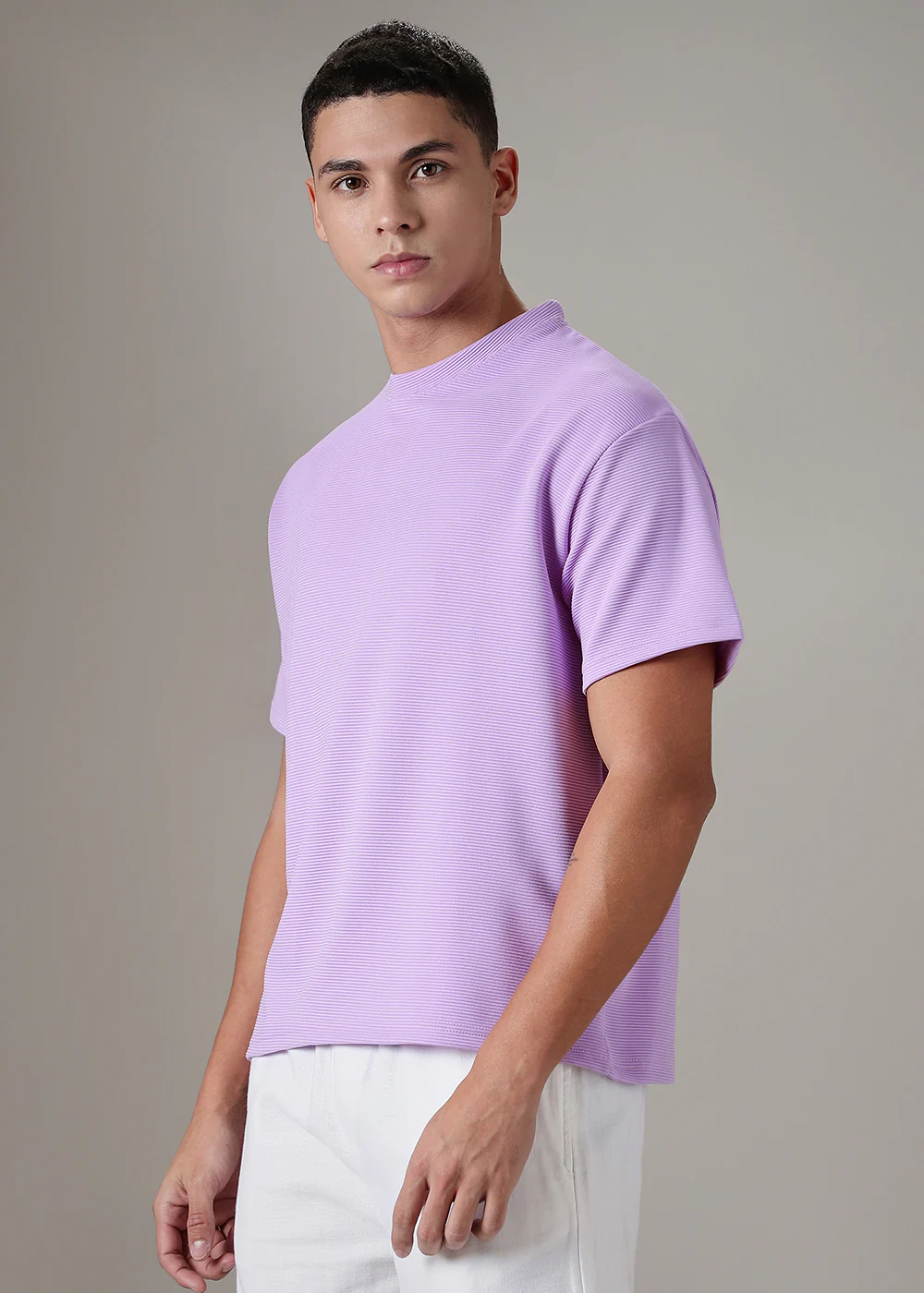 Oversized Lilac Plain Textured T-shirt - Image 5