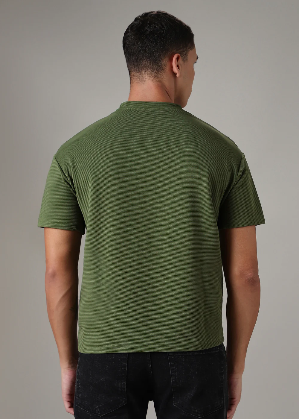 Oversized Olive Green Plain Textured T-shirt - Image 4