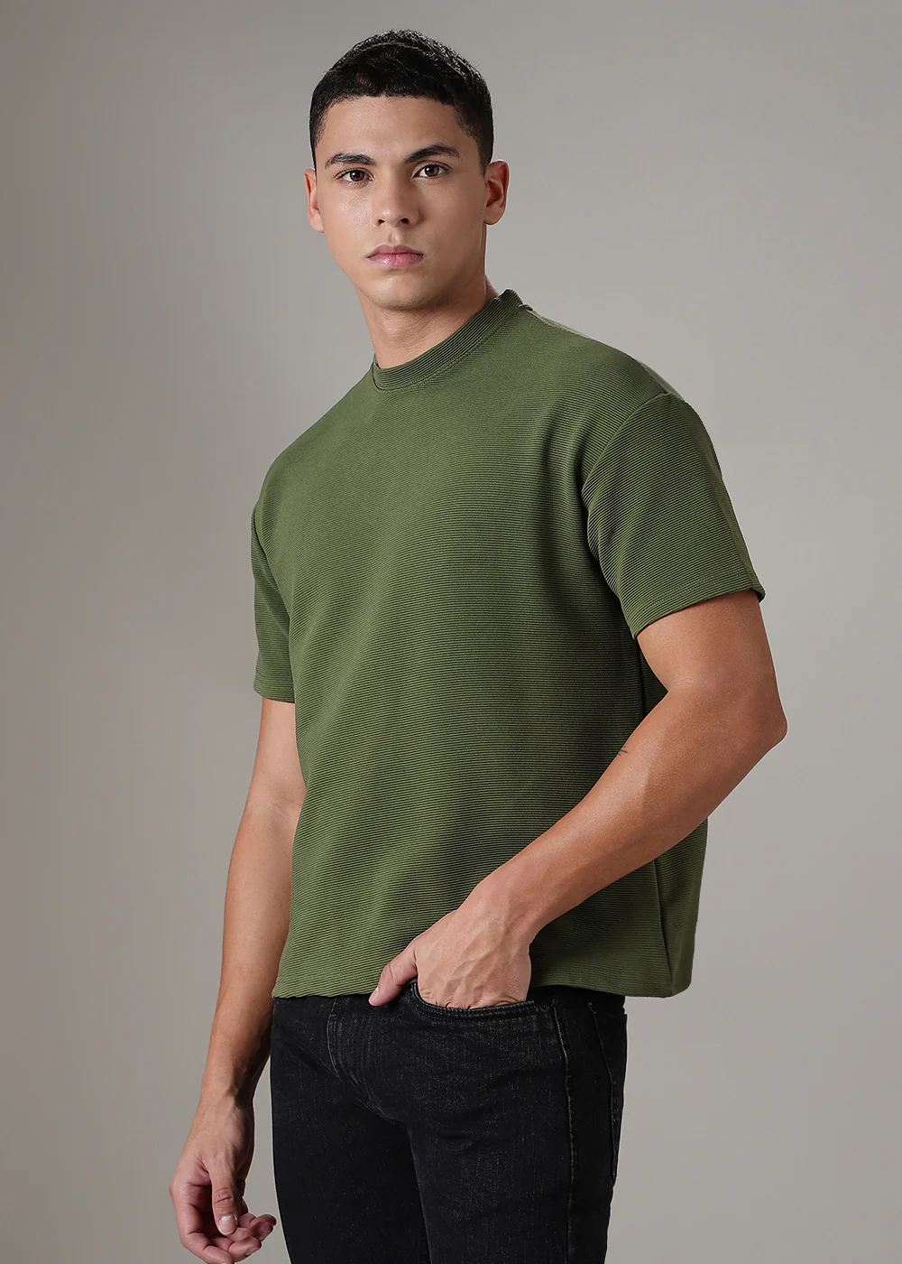 Oversized Olive Green Plain Textured T-shirt - Image 5