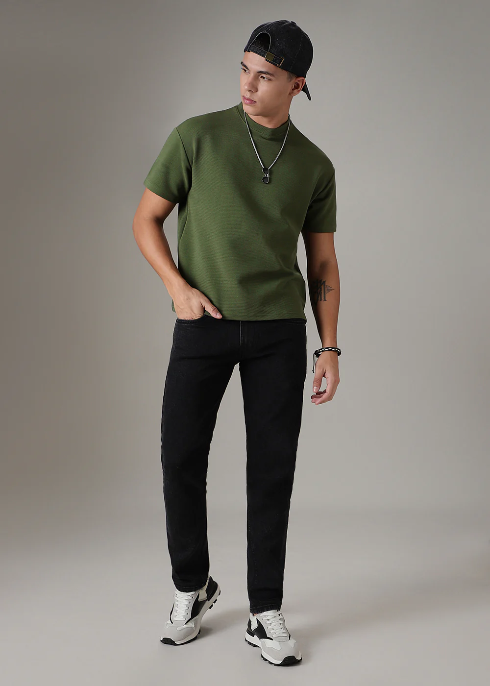 Oversized Olive Green Plain Textured T-shirt - Image 6