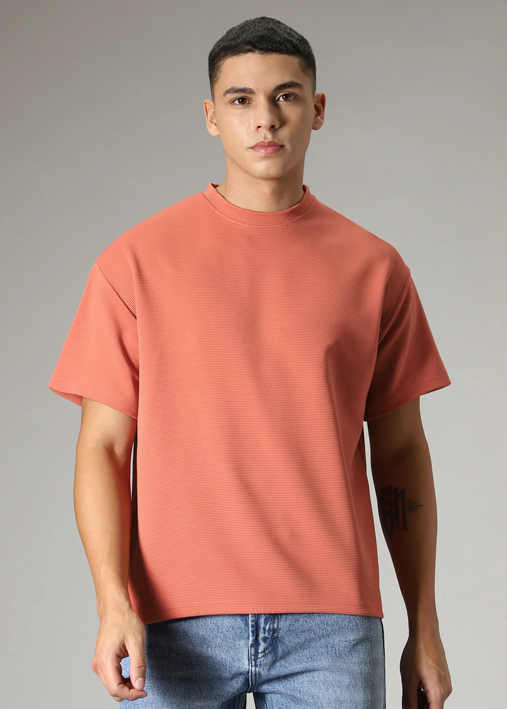 Oversized Orange Plain Textured T-shirt - Image 3