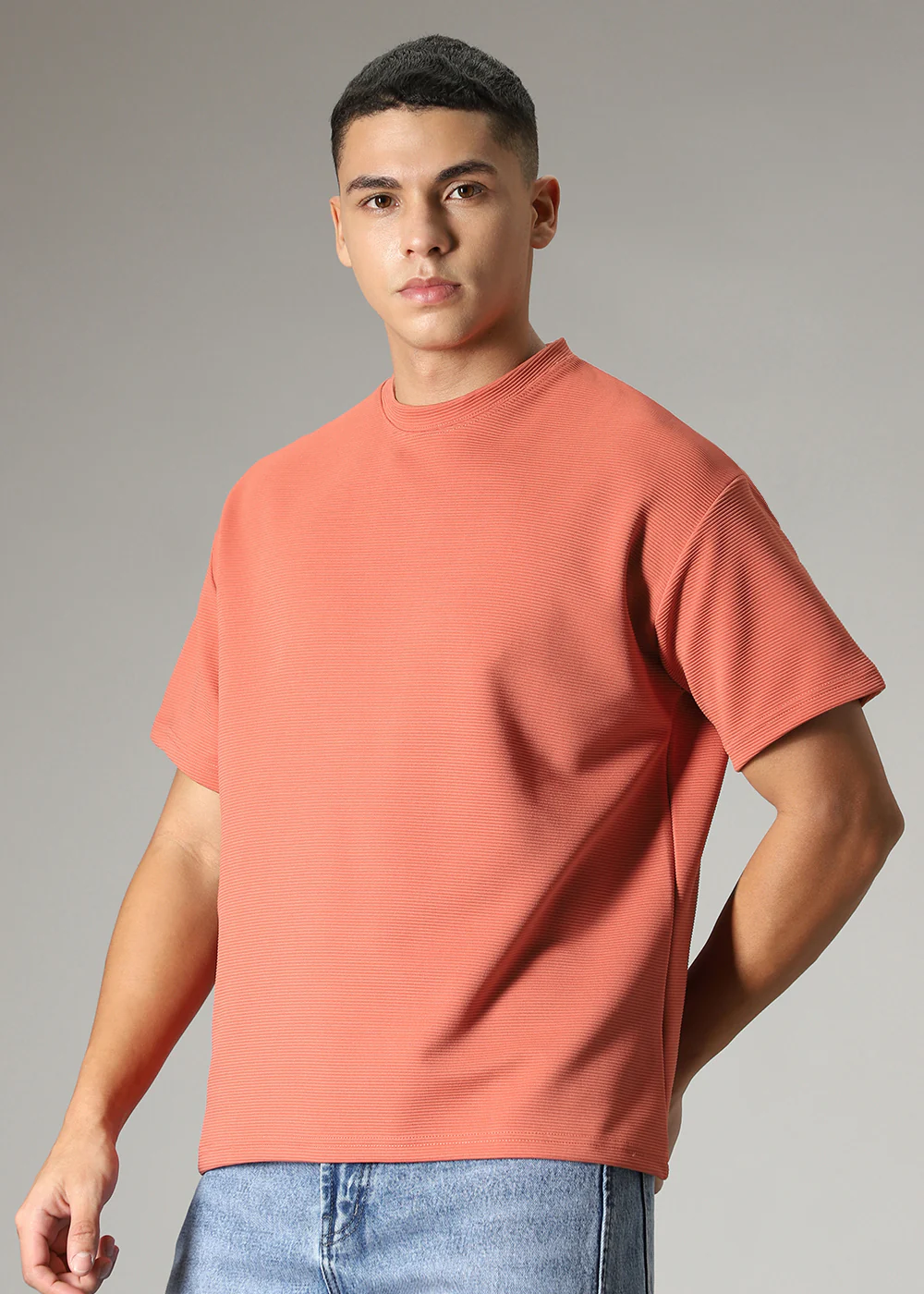 Oversized Orange Plain Textured T-shirt - Image 5