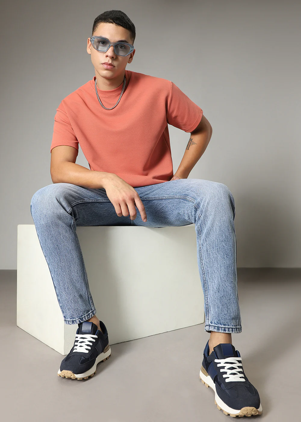 Oversized Orange Plain Textured T-shirt - Image 6