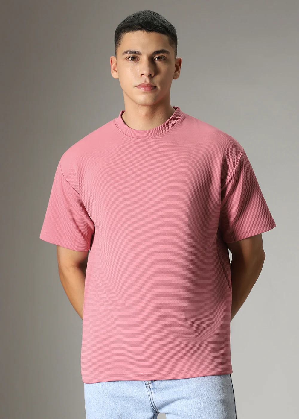 Oversized Pink Plain Textured T-shirt - Image 3