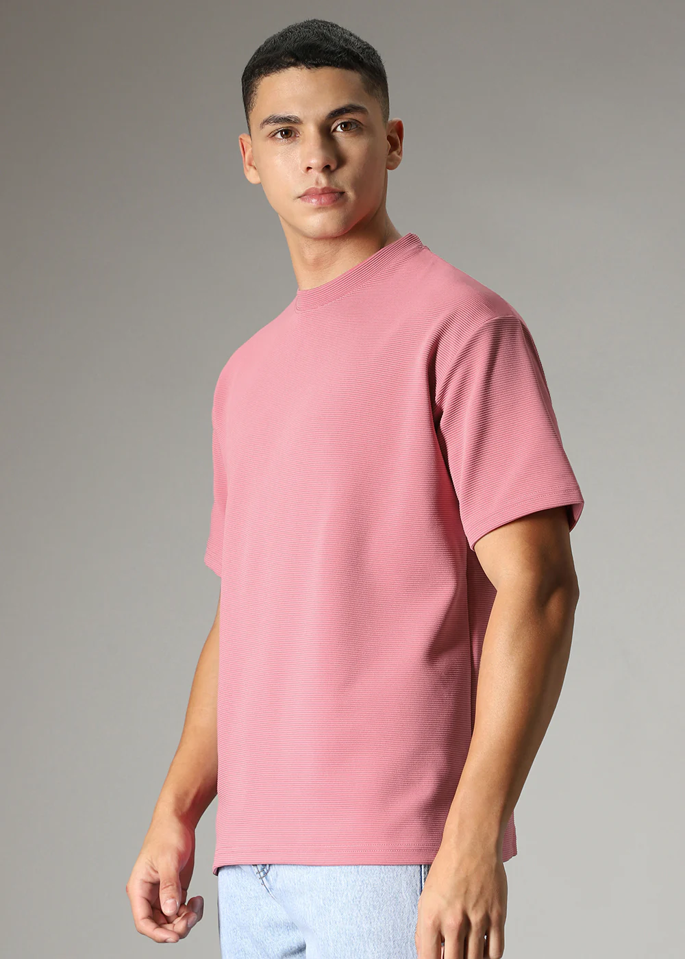Oversized Pink Plain Textured T-shirt - Image 5