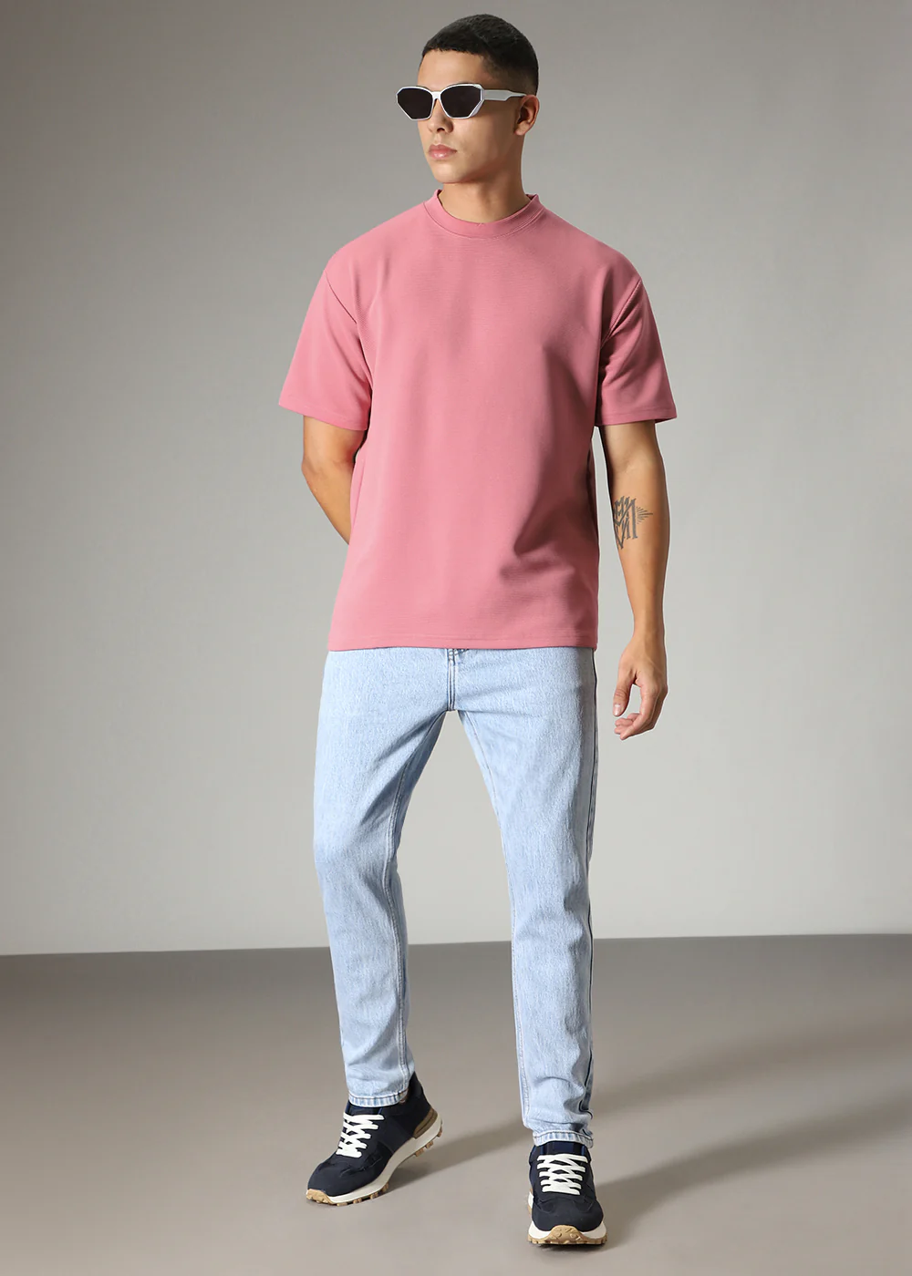 Oversized Pink Plain Textured T-shirt - Image 6