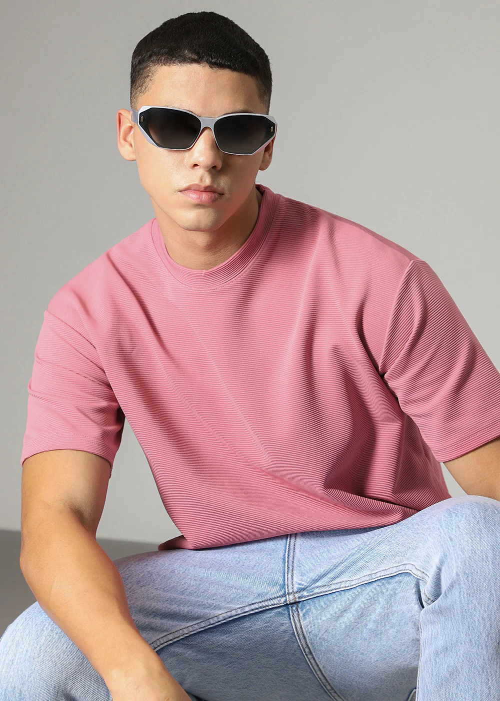 Oversized Pink Plain Textured T-shirt - Image 7