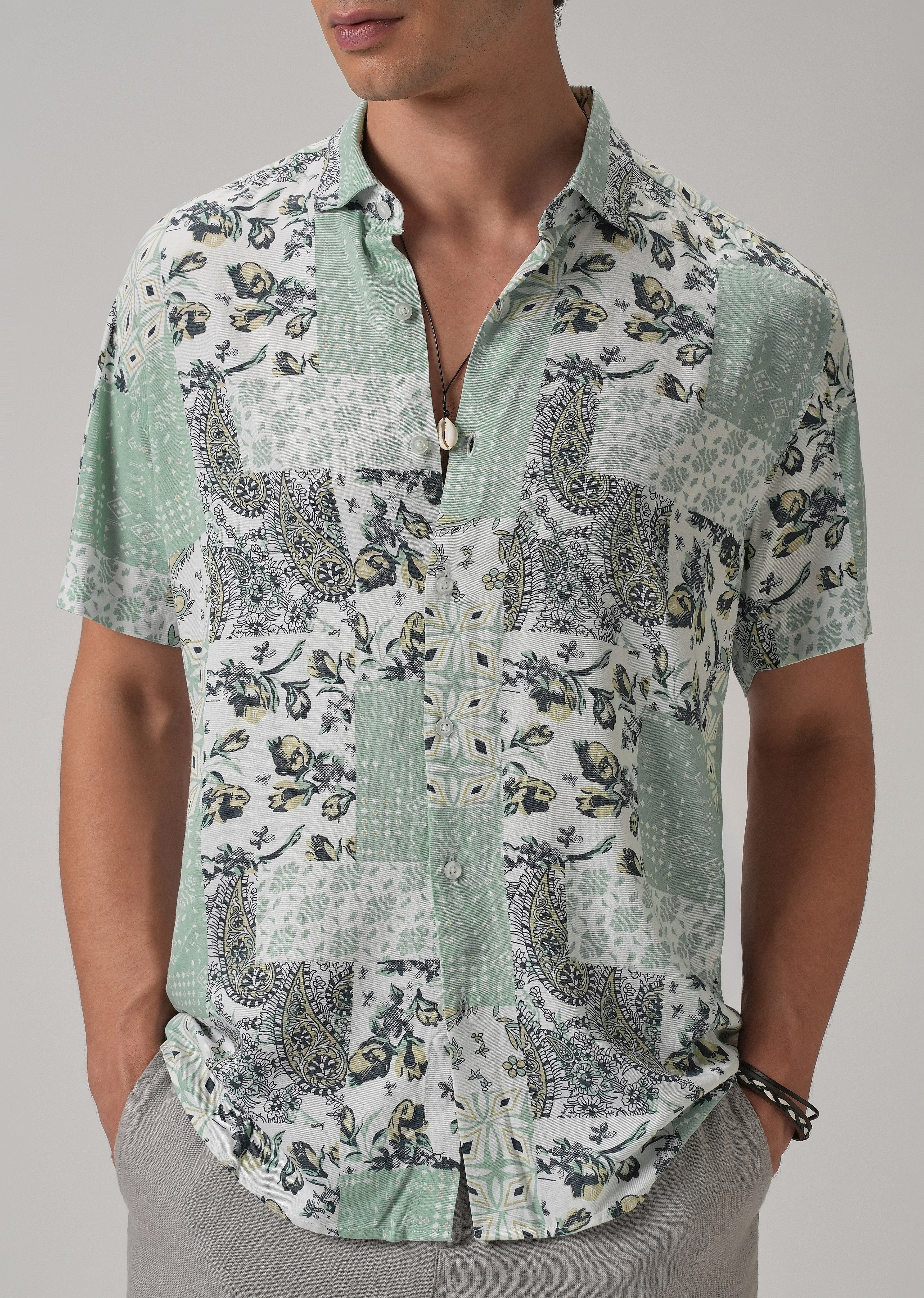 Paisley Mint Green Print Half Sleeve Shirt - Image 7