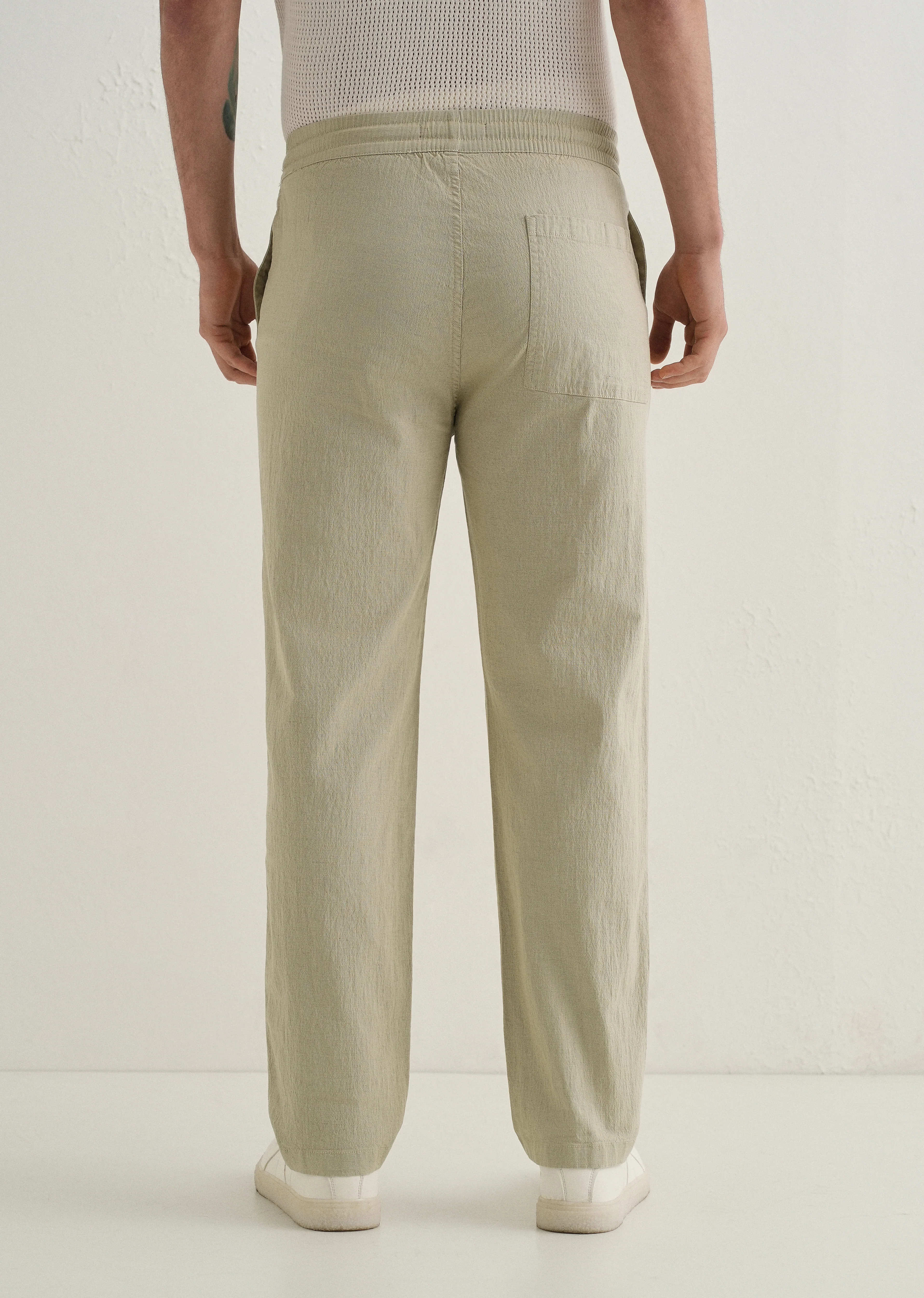 Pale Khaki Drawstring Cotton Linen Pant - Image 2