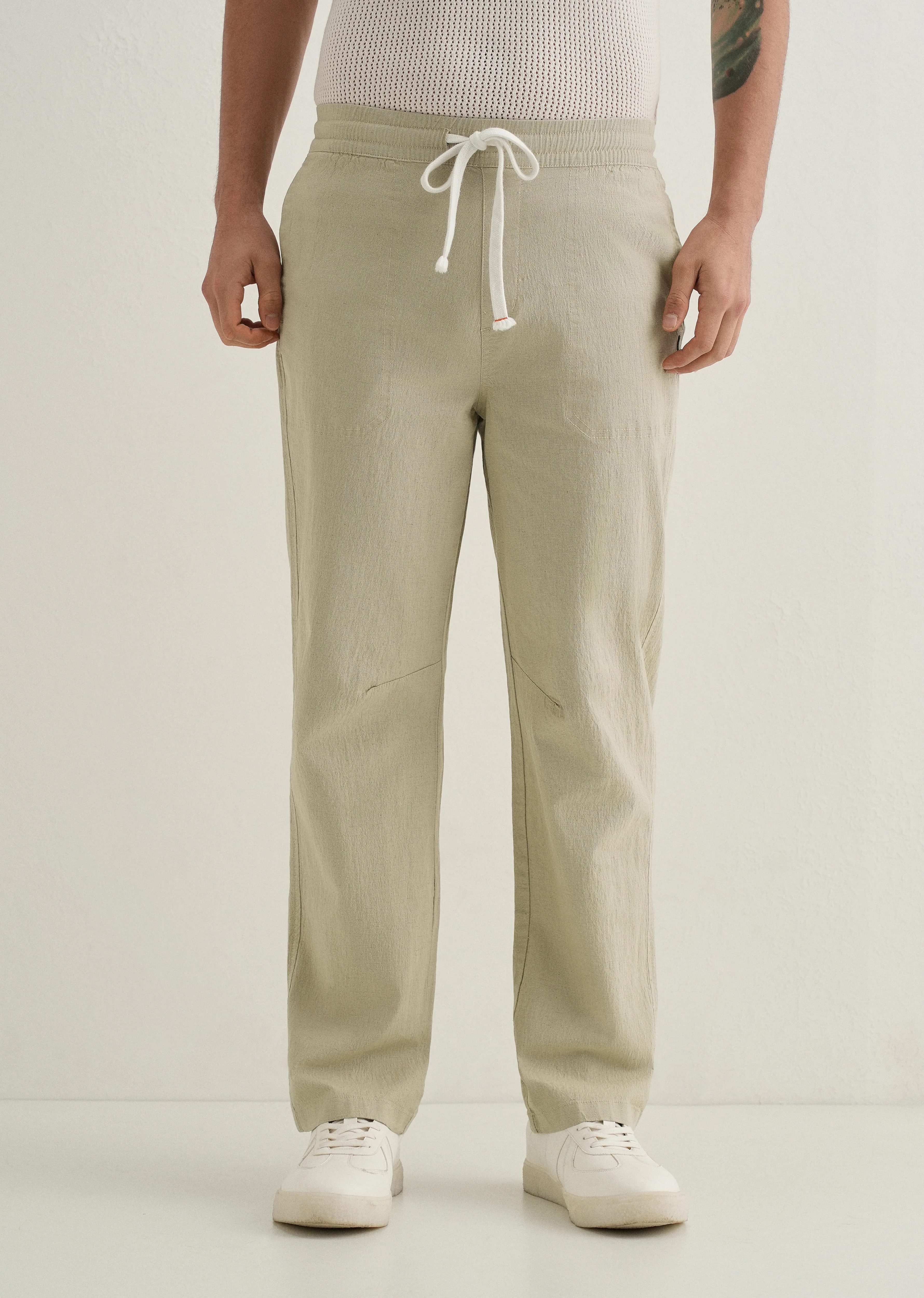 Pale Khaki Drawstring Cotton Linen Pant - Image 3