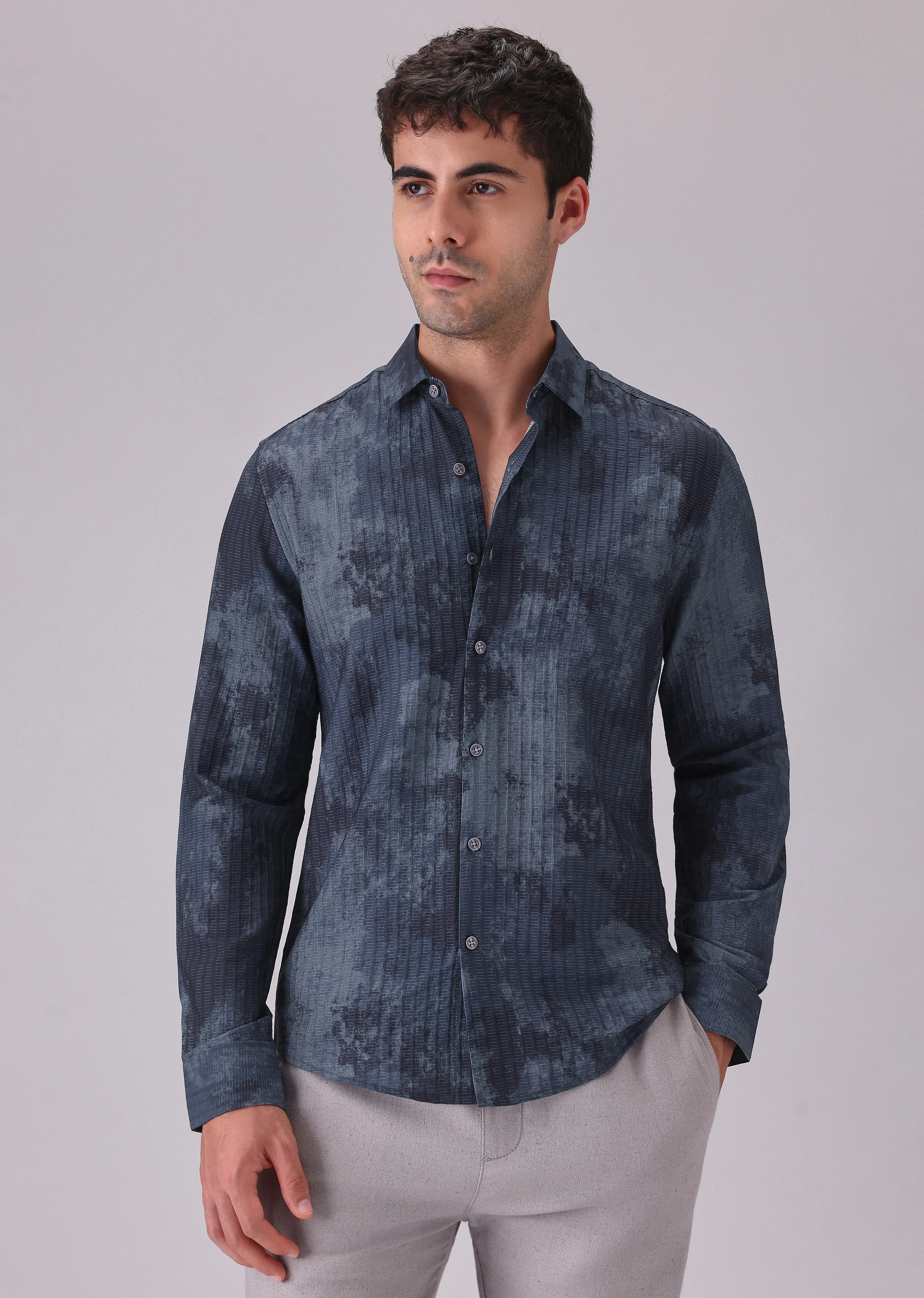 Paralleled Line Blue Printed Shirt - Image 3