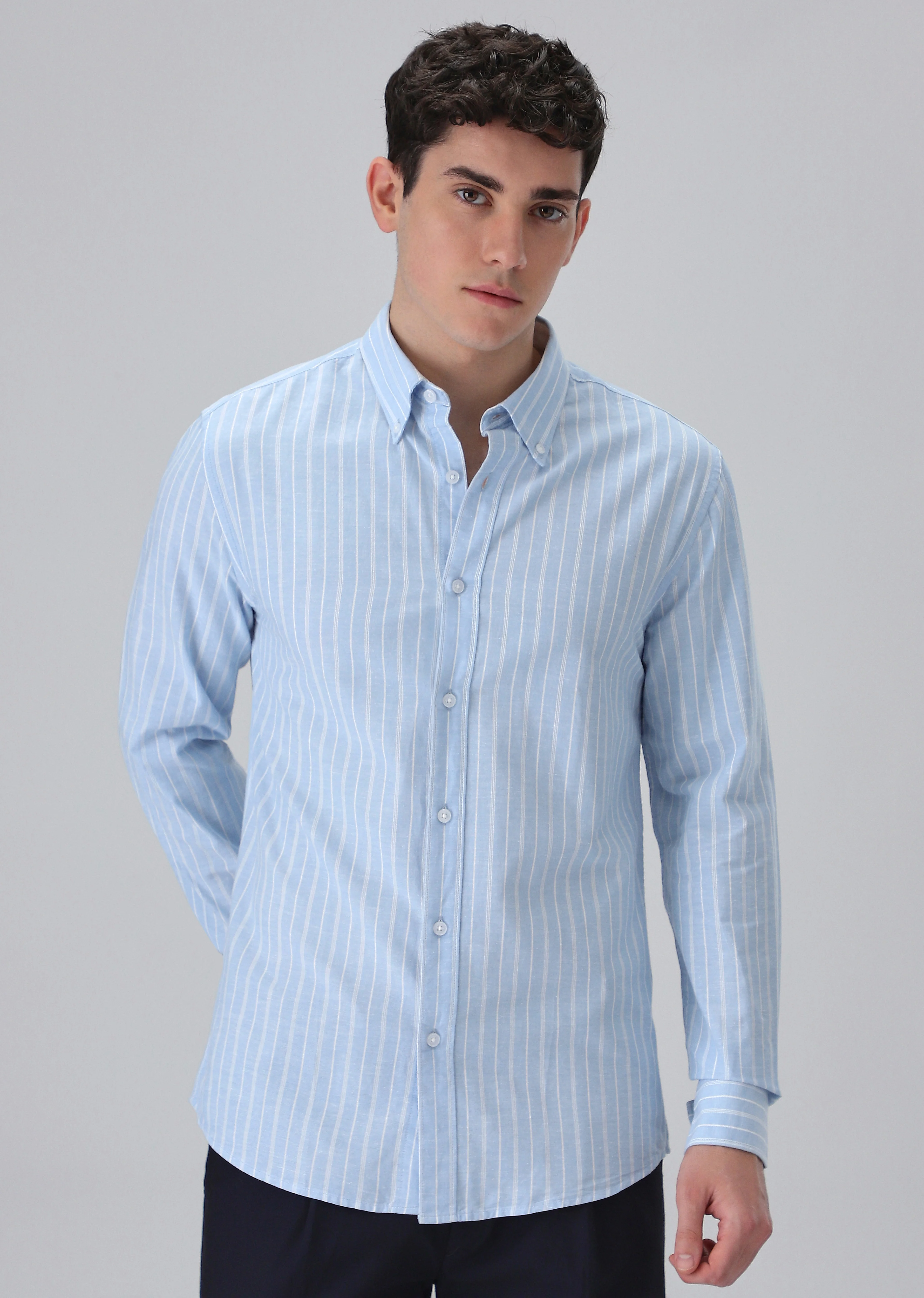 Pastel Blue Cotton Stripe Shirt - Image 3